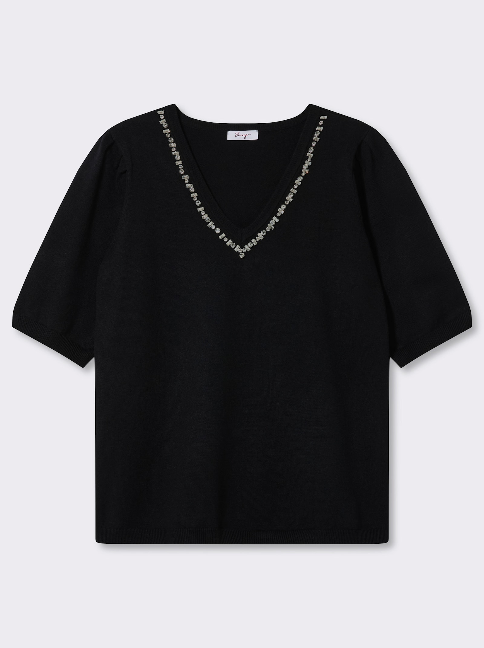 sheego V-Ausschnitt-Pullover mit Strass-Verzierung - schwarz