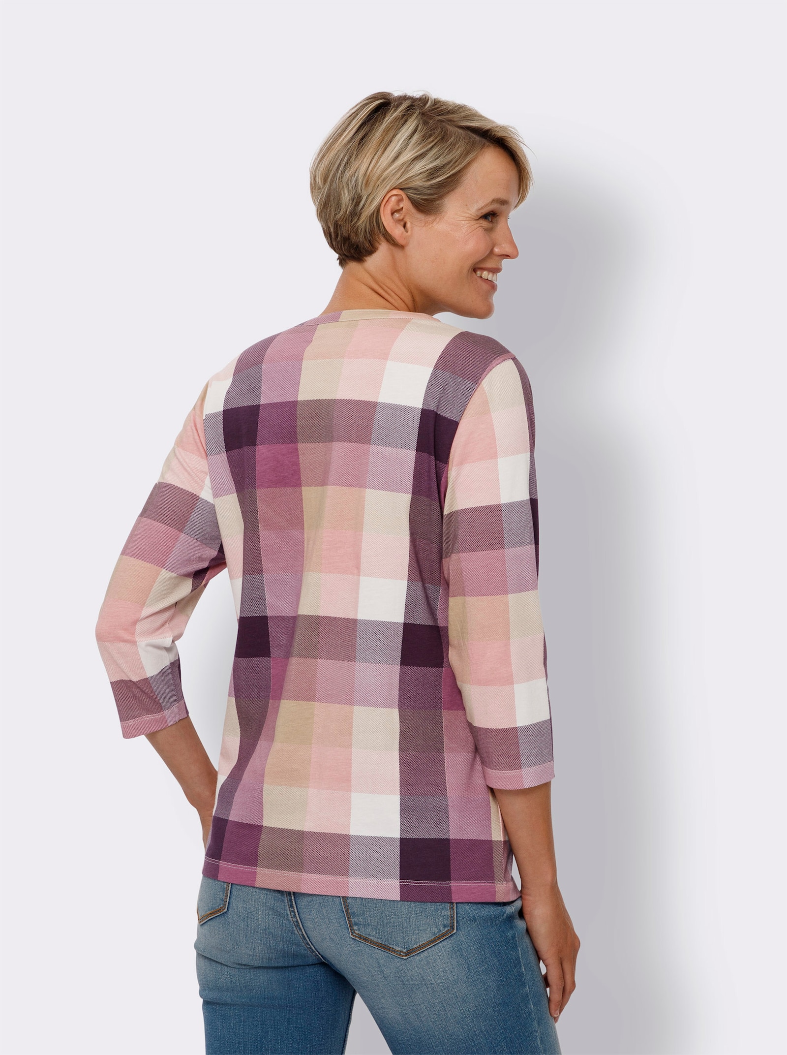 Shirt met 3/4-mouwen en grote ruiten - hortensia/ecru geruit