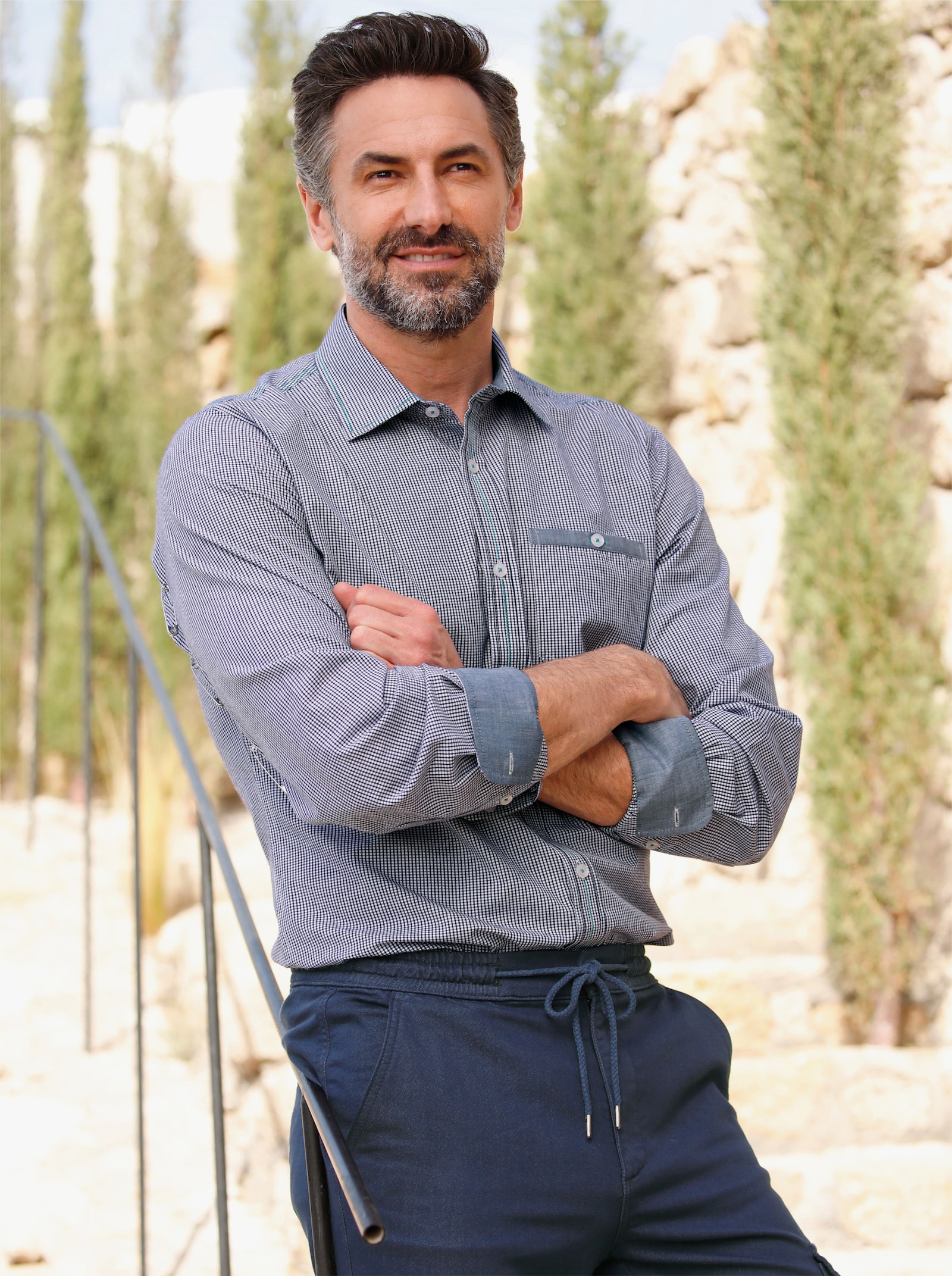 Catamaran Langarm-Hemd - marine-weiß-kariert