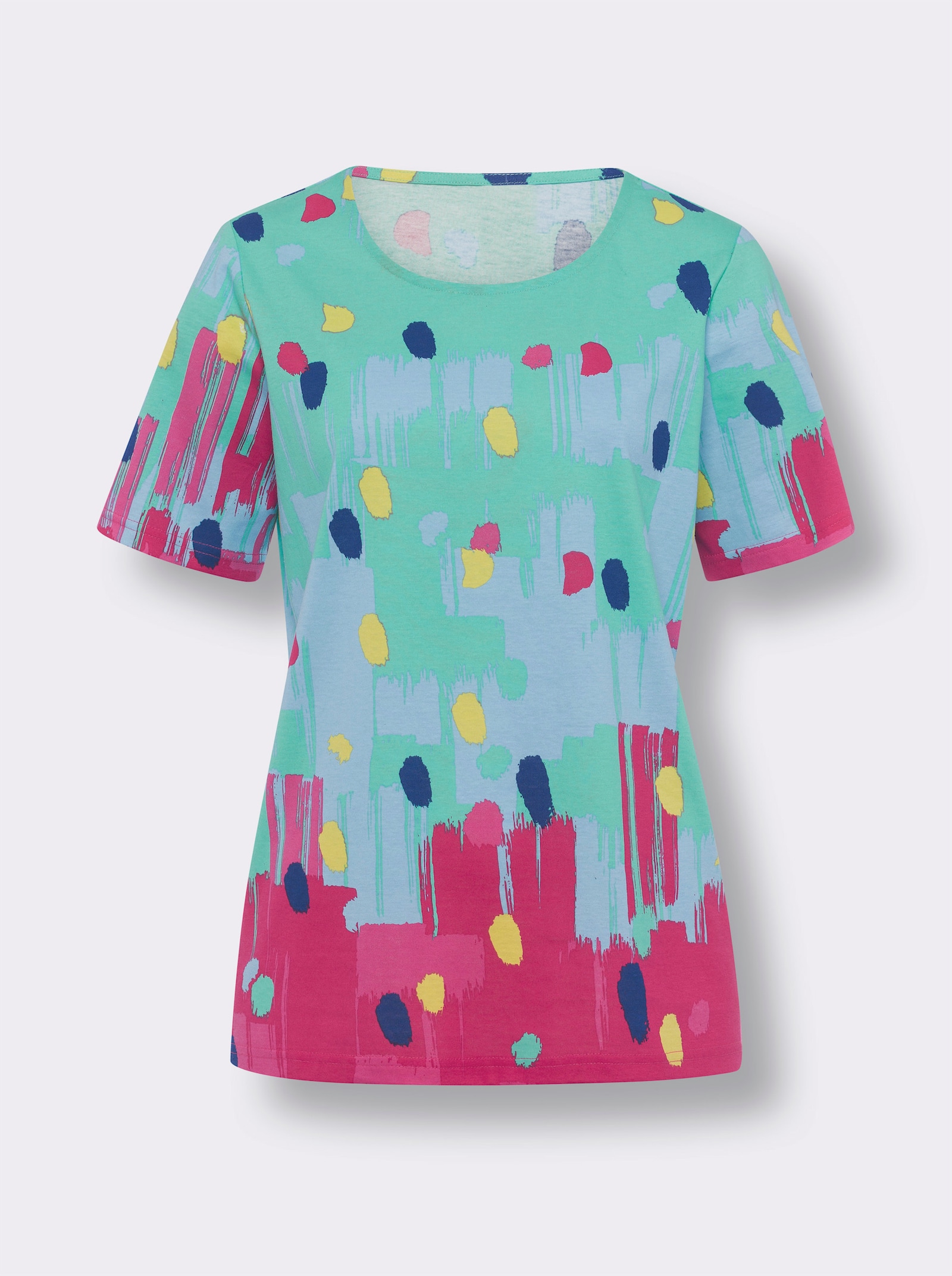 Kurzarmshirt mit Tupfen-Druck - blaugrün-pink-bedruckt