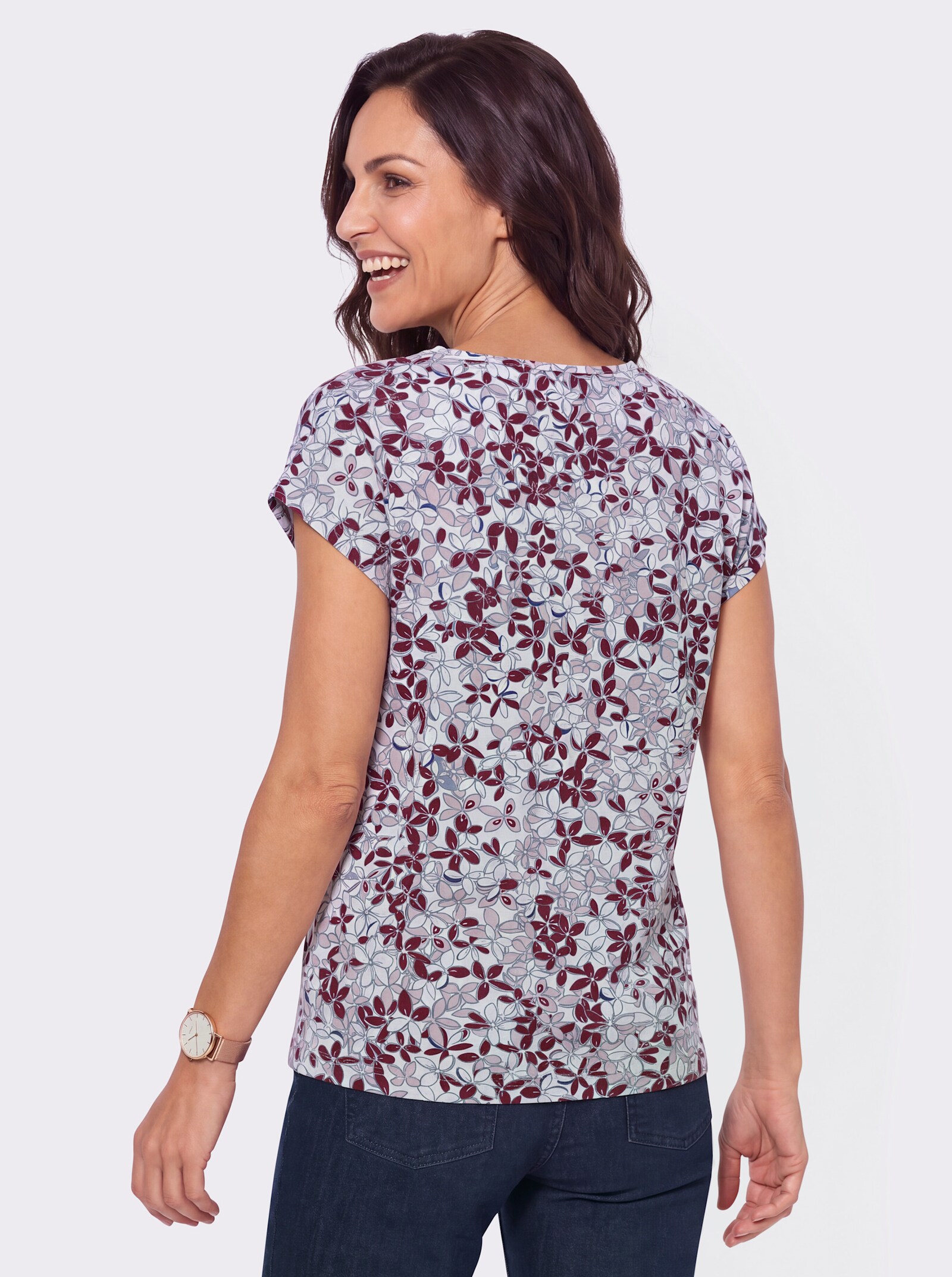 Rundhalsshirt mit überschnittenen Schultern - rosé-taubenblau-bedruckt