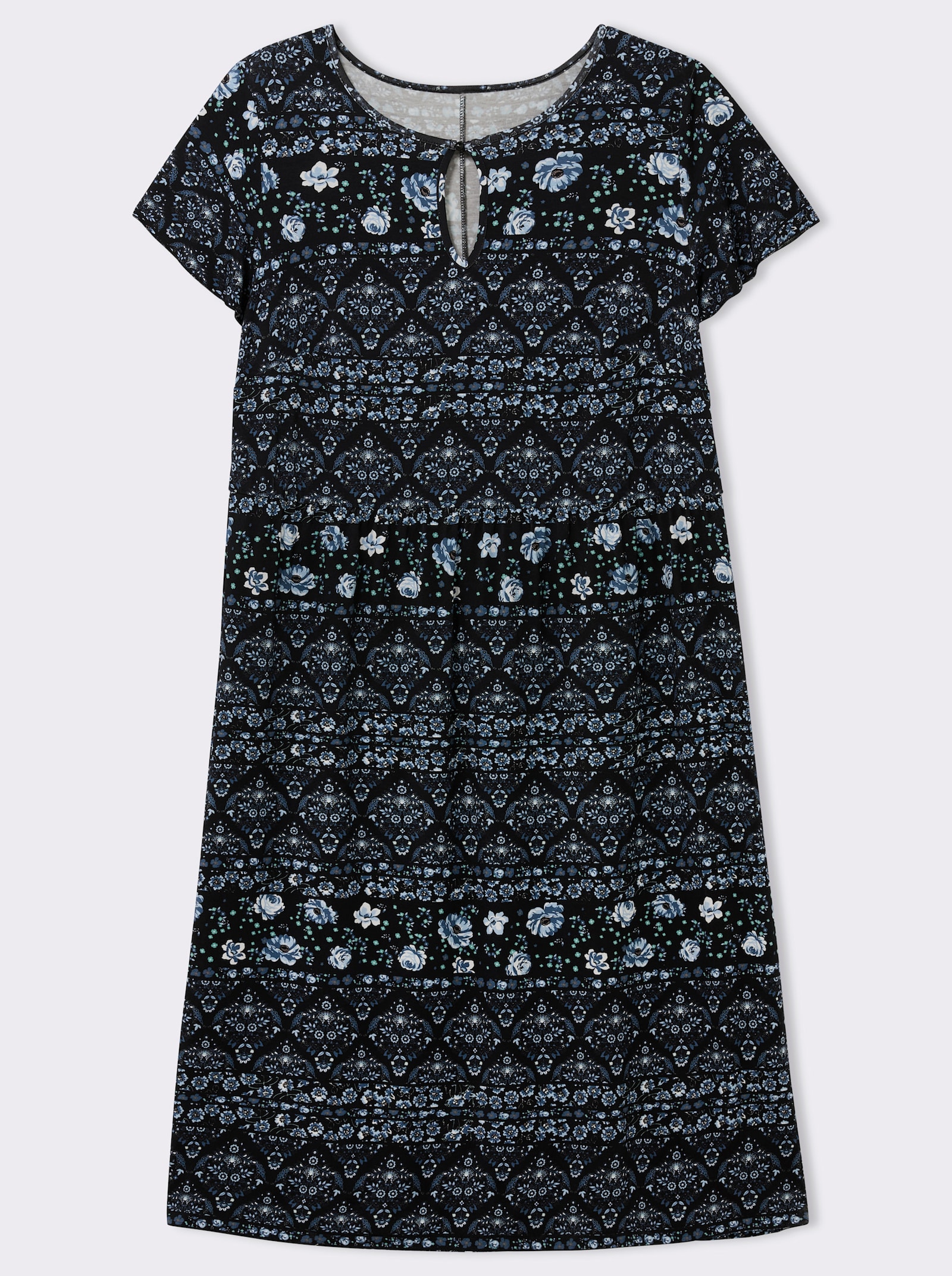 Jerseykleid mit Gummizug auf Taillenhöhe - jeansblau-schwarz-bedruckt