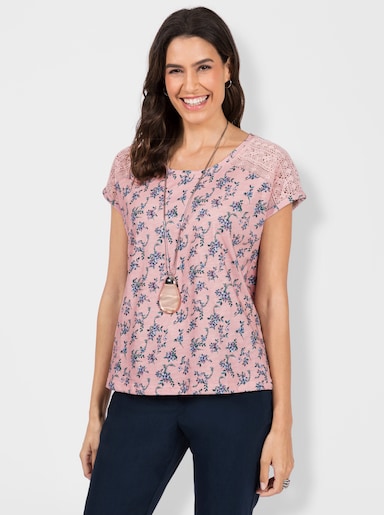 Print-Shirt mit Spitzeneinsatz - rosenquarz-kalkmint-bedruckt