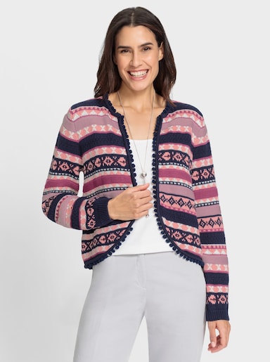 Strickjacke mit Bommel-Borte - marine-erika-gemustert