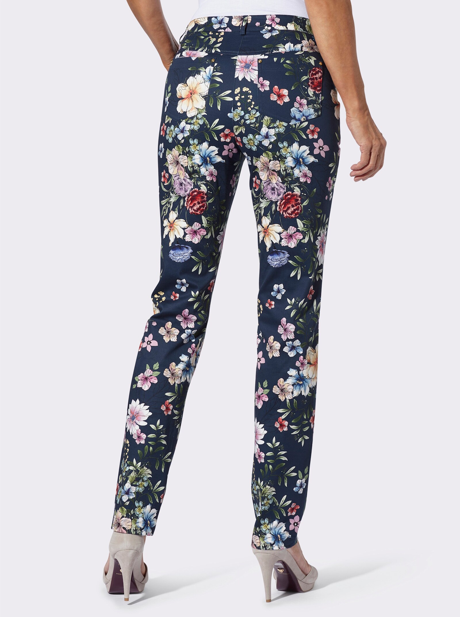 Broek met print en elastan - donkerblauw/orchidee bedrukt