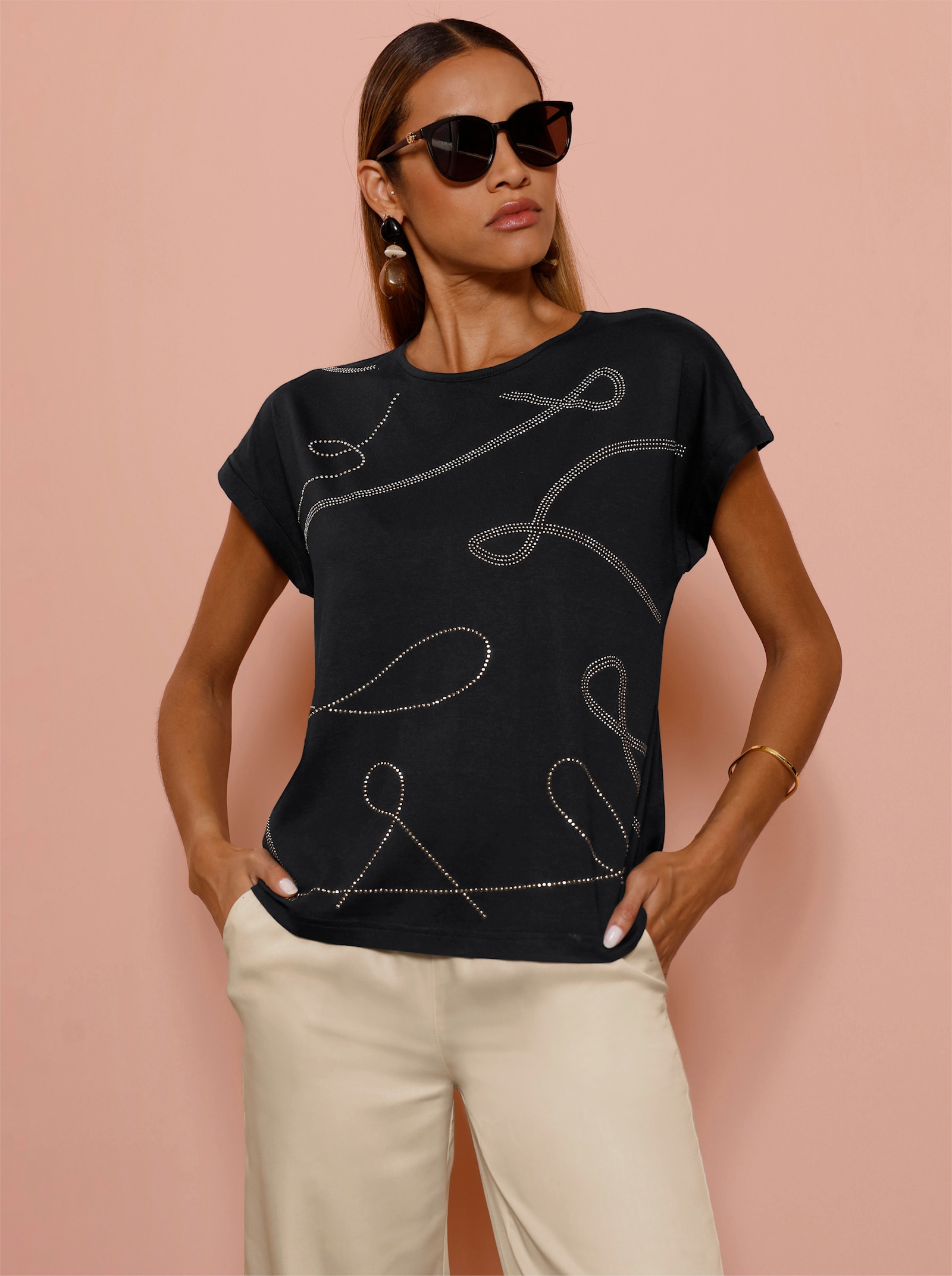 Kurzarmshirt mit Glitzersteinchen - schwarz