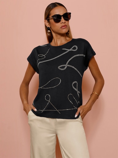 Kurzarmshirt mit Glitzersteinchen - schwarz