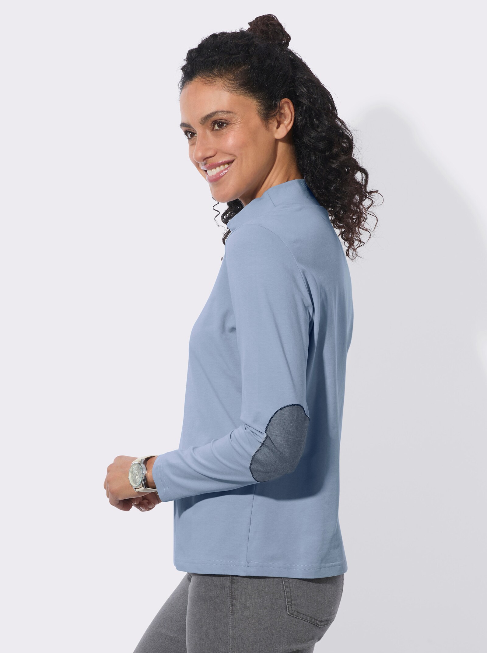 Stehkragenshirt mit Ellbogen-Patches in Jeans-Optik - bleu
