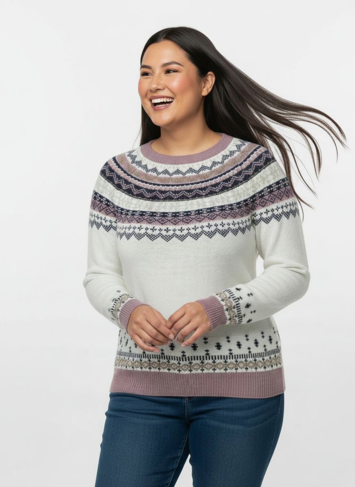 Norwegerpullover mit Raglan-Ärmeln - ecru-mauve-gemustert