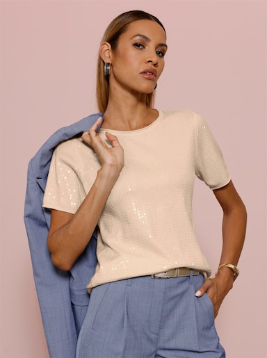 Kurzarmpullover mit transparenten Pailletten - elfenbein