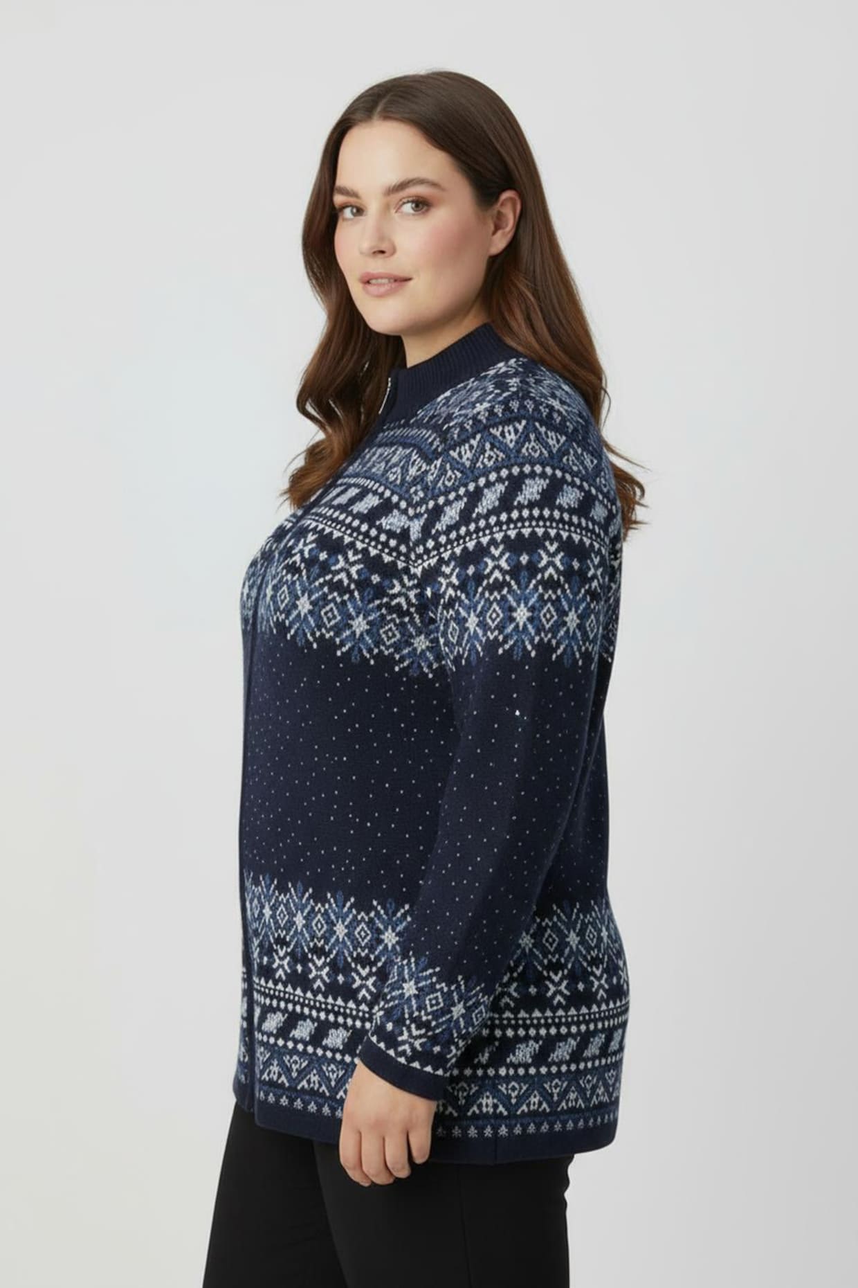 Jacquardstrickjacke im Norweger-Stil - marine-ecru-gemustert