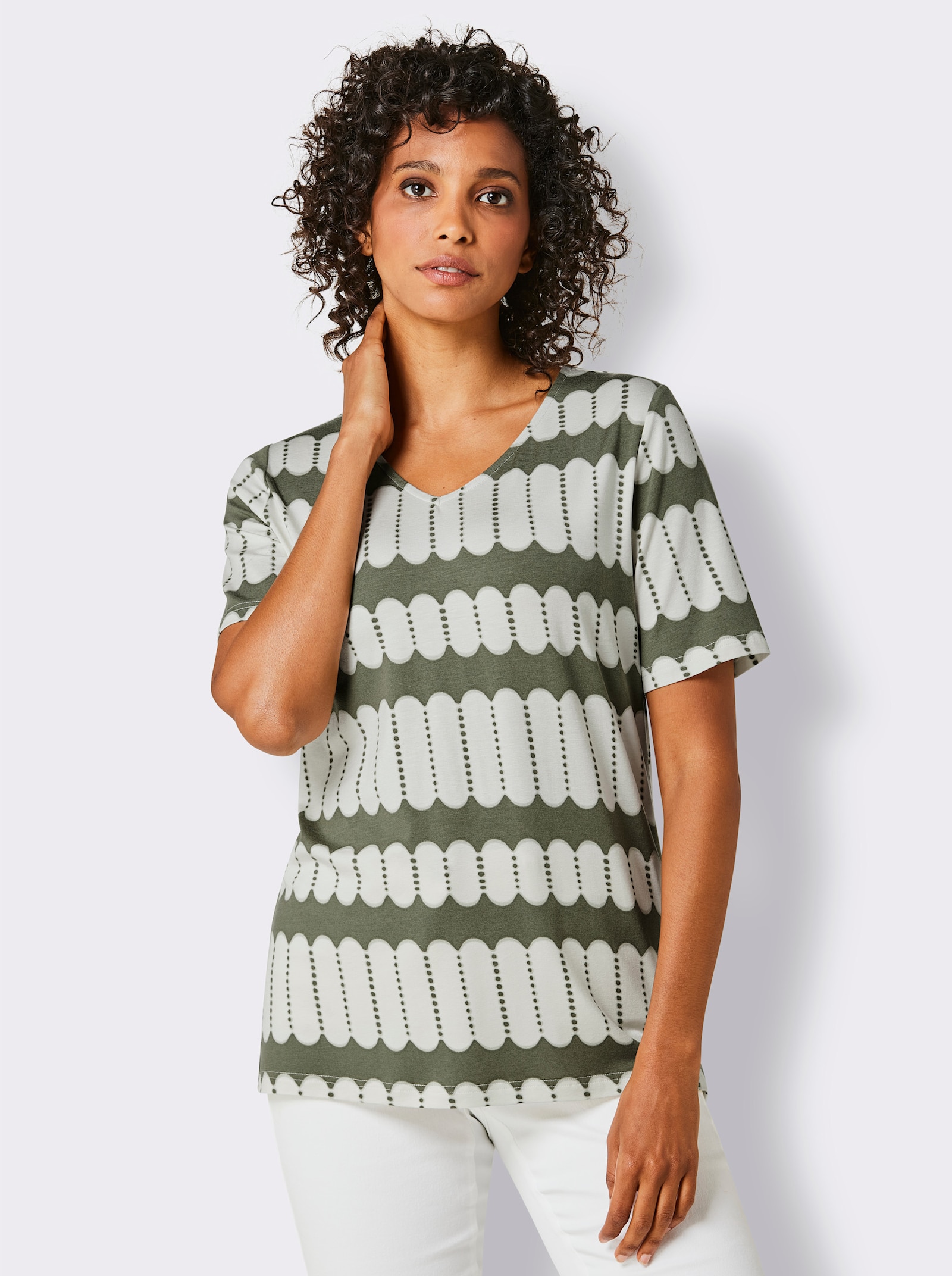CREATION L PREMIUM Kurzarmshirt in atmungsaktiver Qualität - khaki-weiß-bedruckt