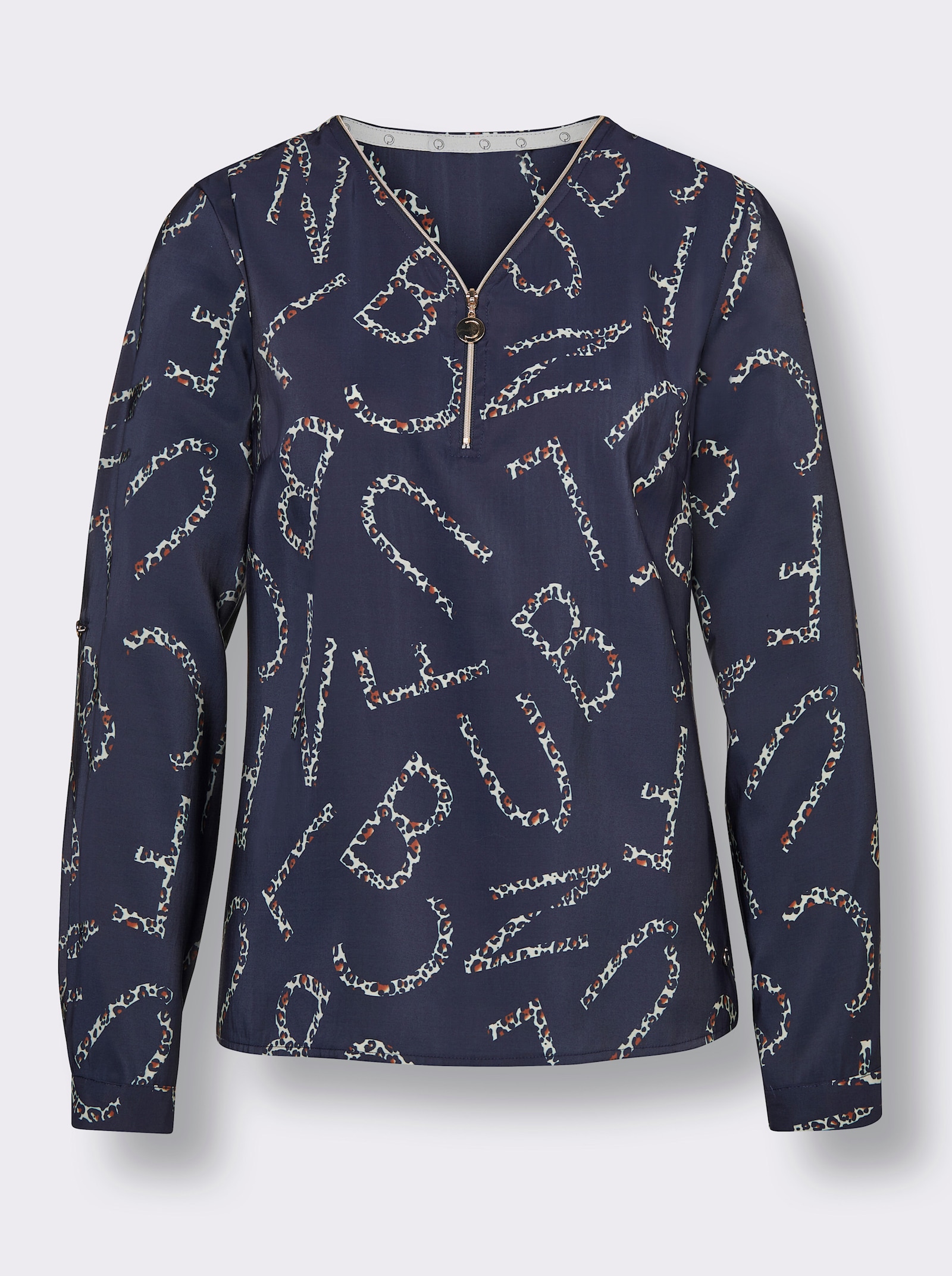 CREATION L PREMIUM Druckbluse mit Lettering- und Leo-Dessin - marine-sand-bedruckt