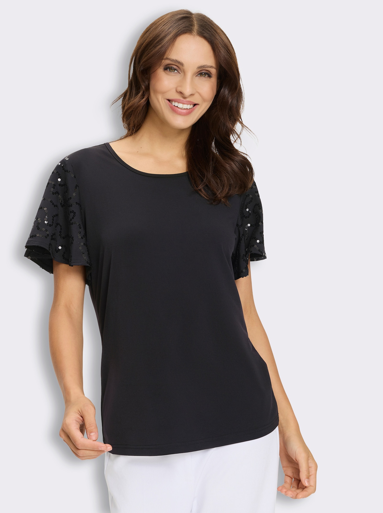 Kurzarmshirt mit Pailletten-Deko an den Ärmeln - schwarz
