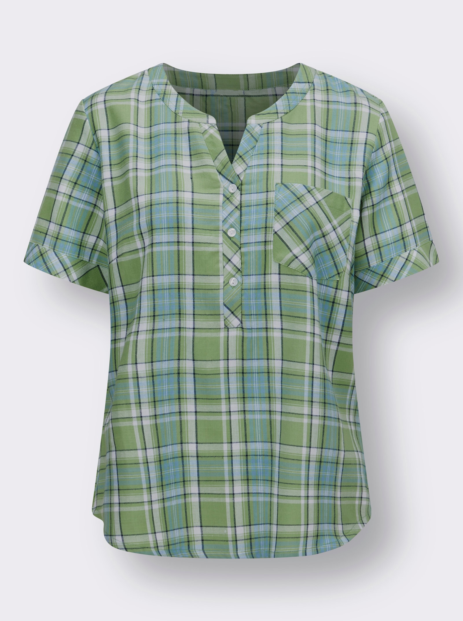 Geruite blouse met in het garen geverfd patroon - eucalyptus/hemelsblauw geruit