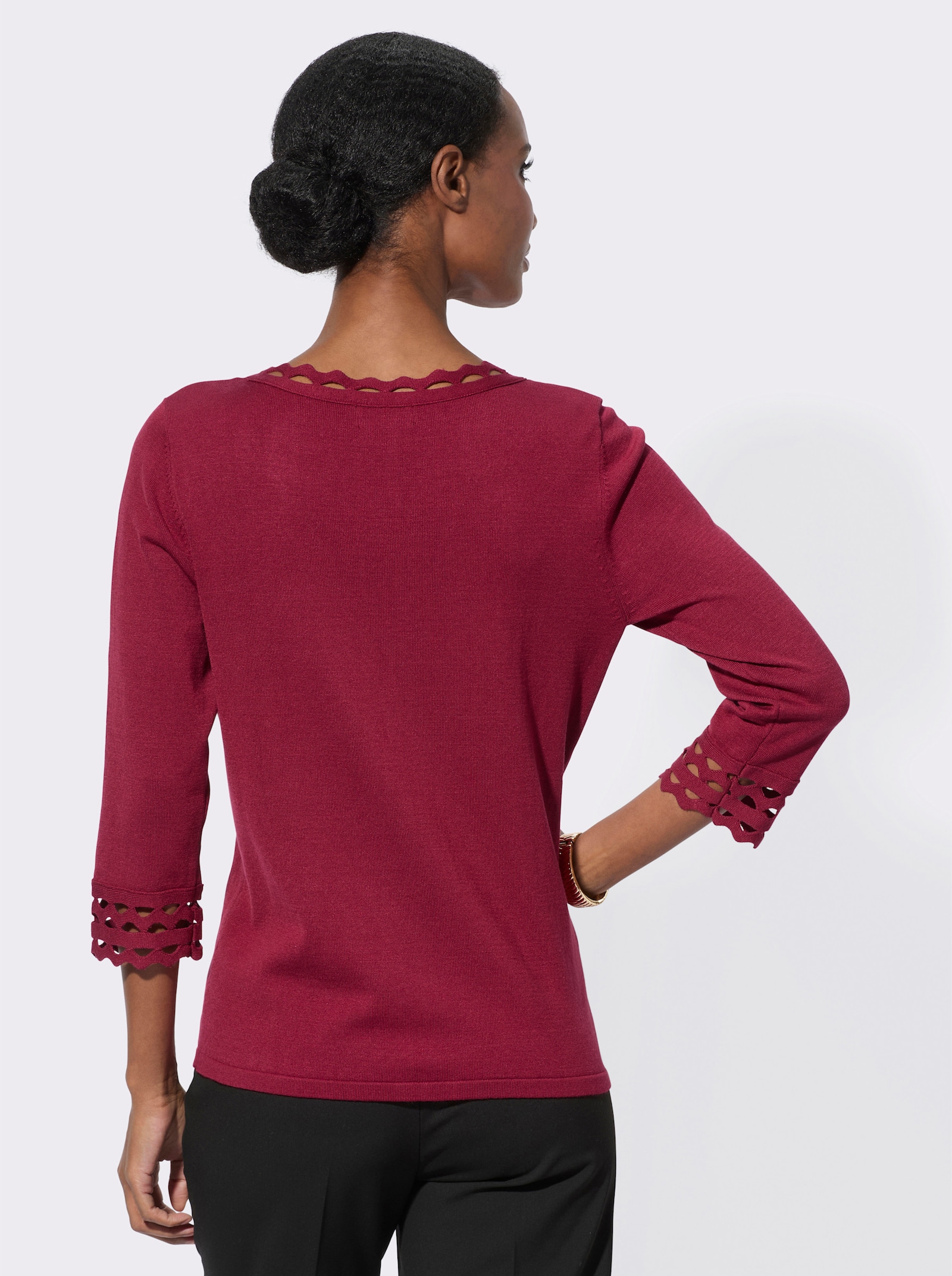 Pullover met 3/4-mouwen in exclusieve materiaalmix - donkerrood