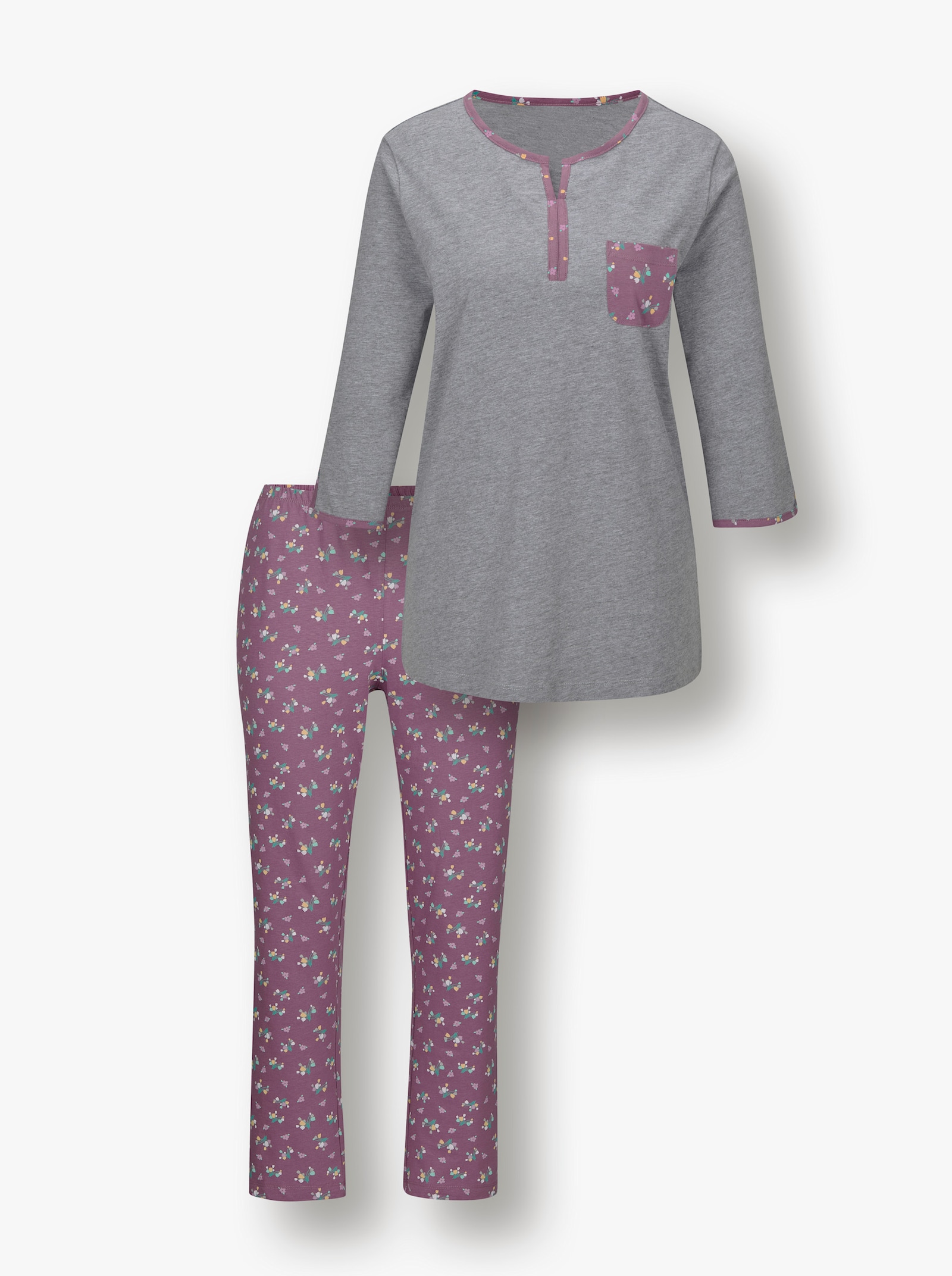 wäschepur Schlafanzug mit Blümchenhose - violett-grau-bedruckt