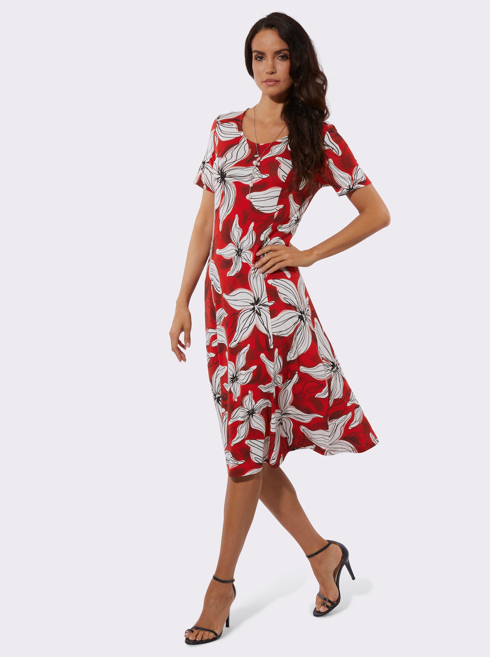  Jerseykleid mit floralem Druck - rot-champagner-bedruckt