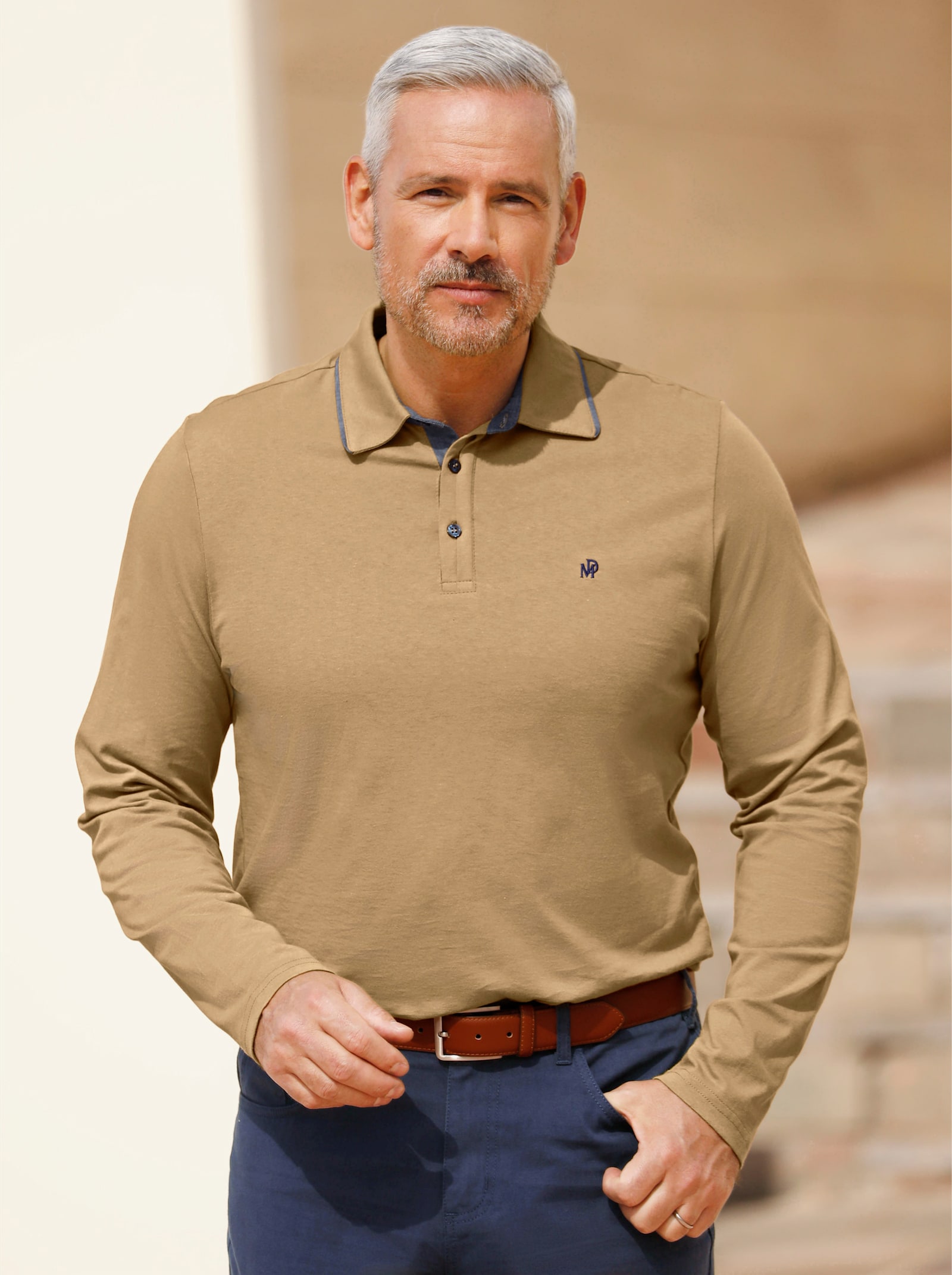 Marco Donati Poloshirt met lange mouwen en geweven garnering in denimlook - camel