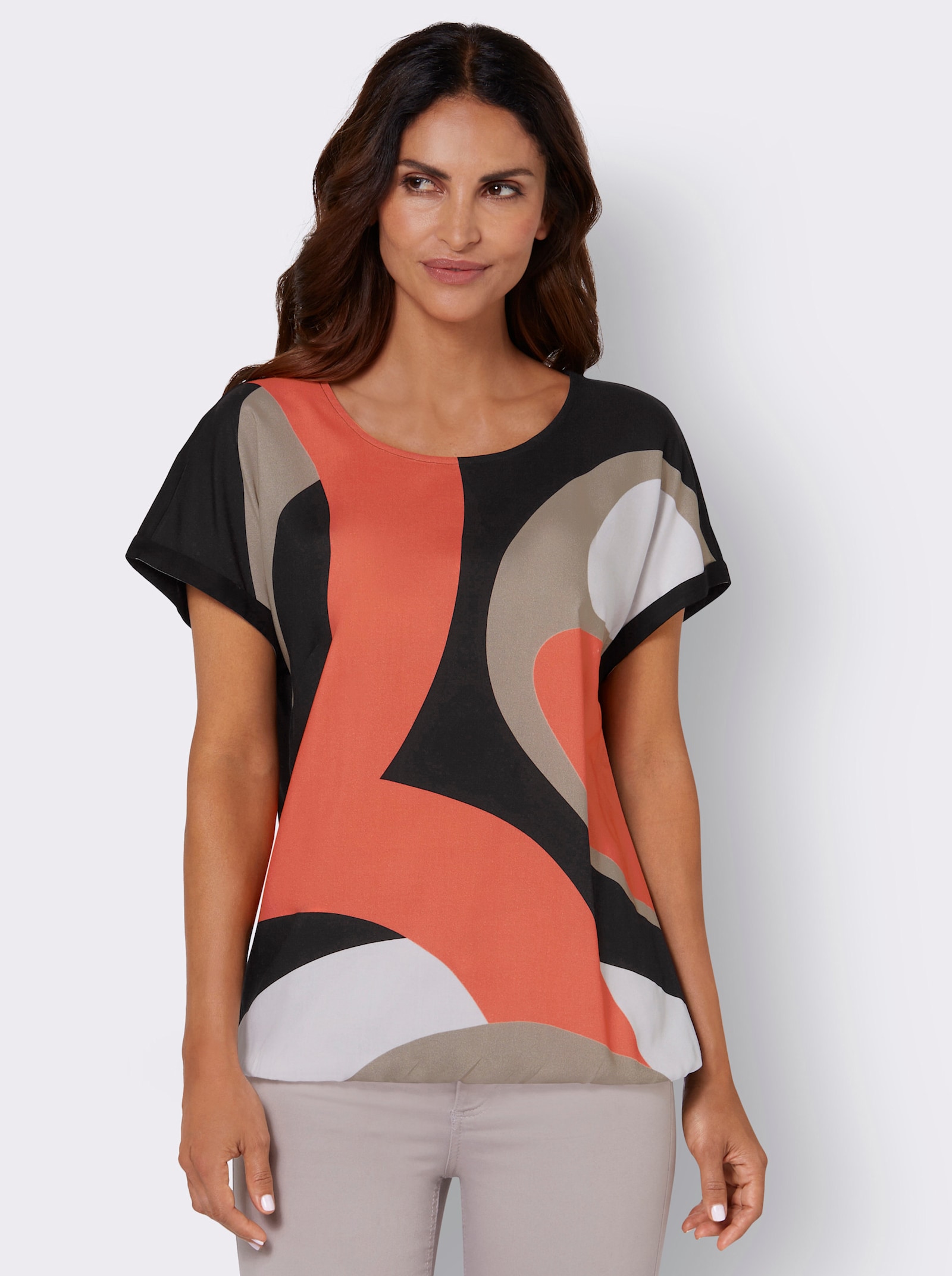 Druckbluse mit elastischem Saum - mandarine-schwarz-bedruckt