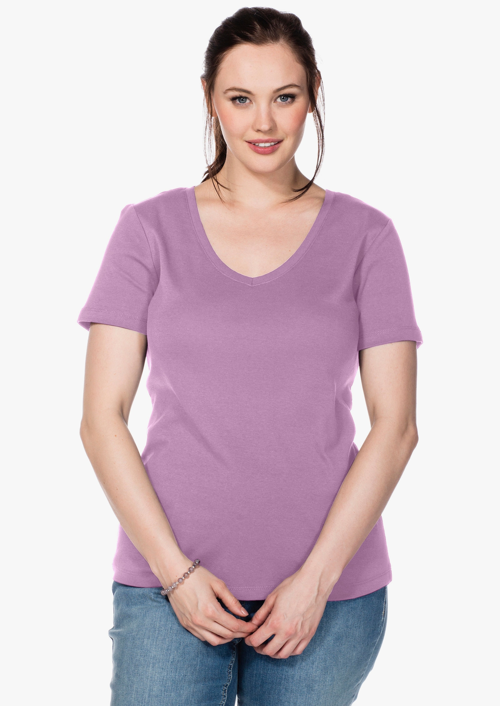 sheego T-Shirt mit V-Ausschnitt, Rippqualität - orchidee