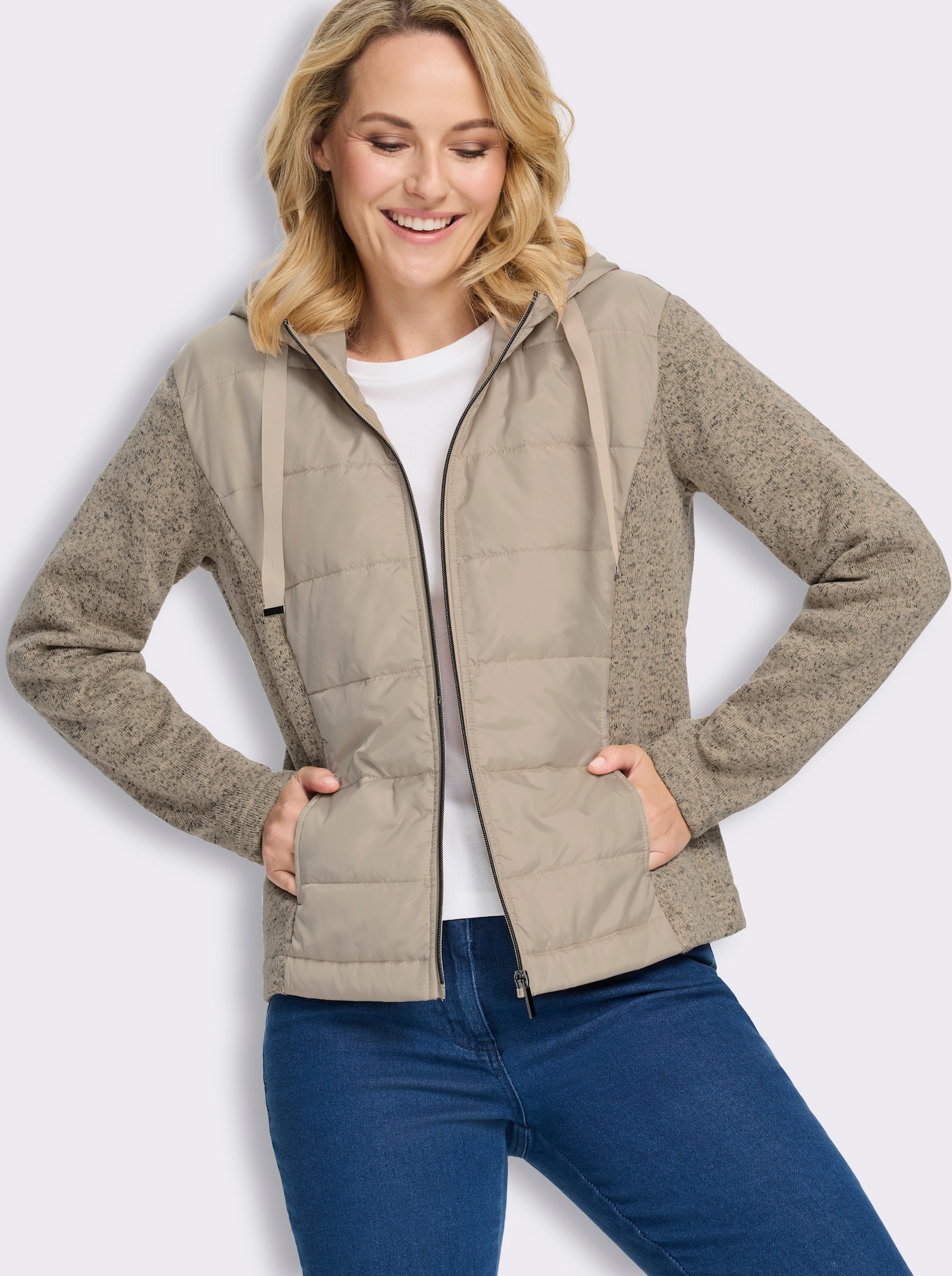 Strickfleecejacke mit gestepptem Web-Einsatz - beige-meliert