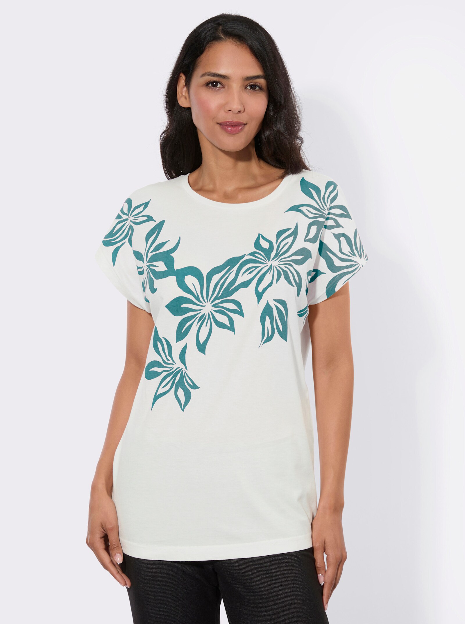 Kurzarmshirt mit Blumen-Druck im Vorderteil - ecru-ozean