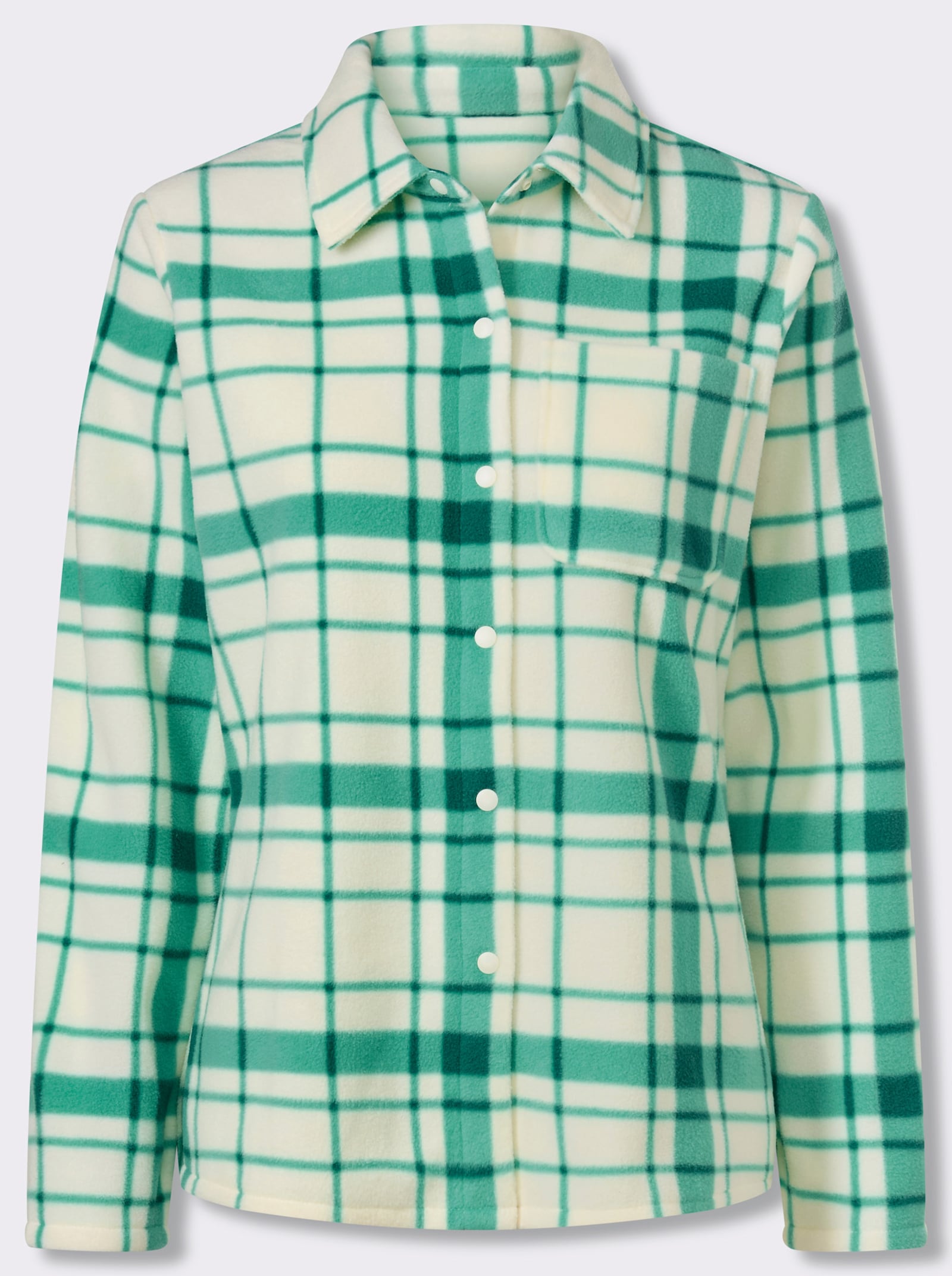 Fleecejacke mit längerem Saum im Rückteil - blaugrün-champagner-kariert