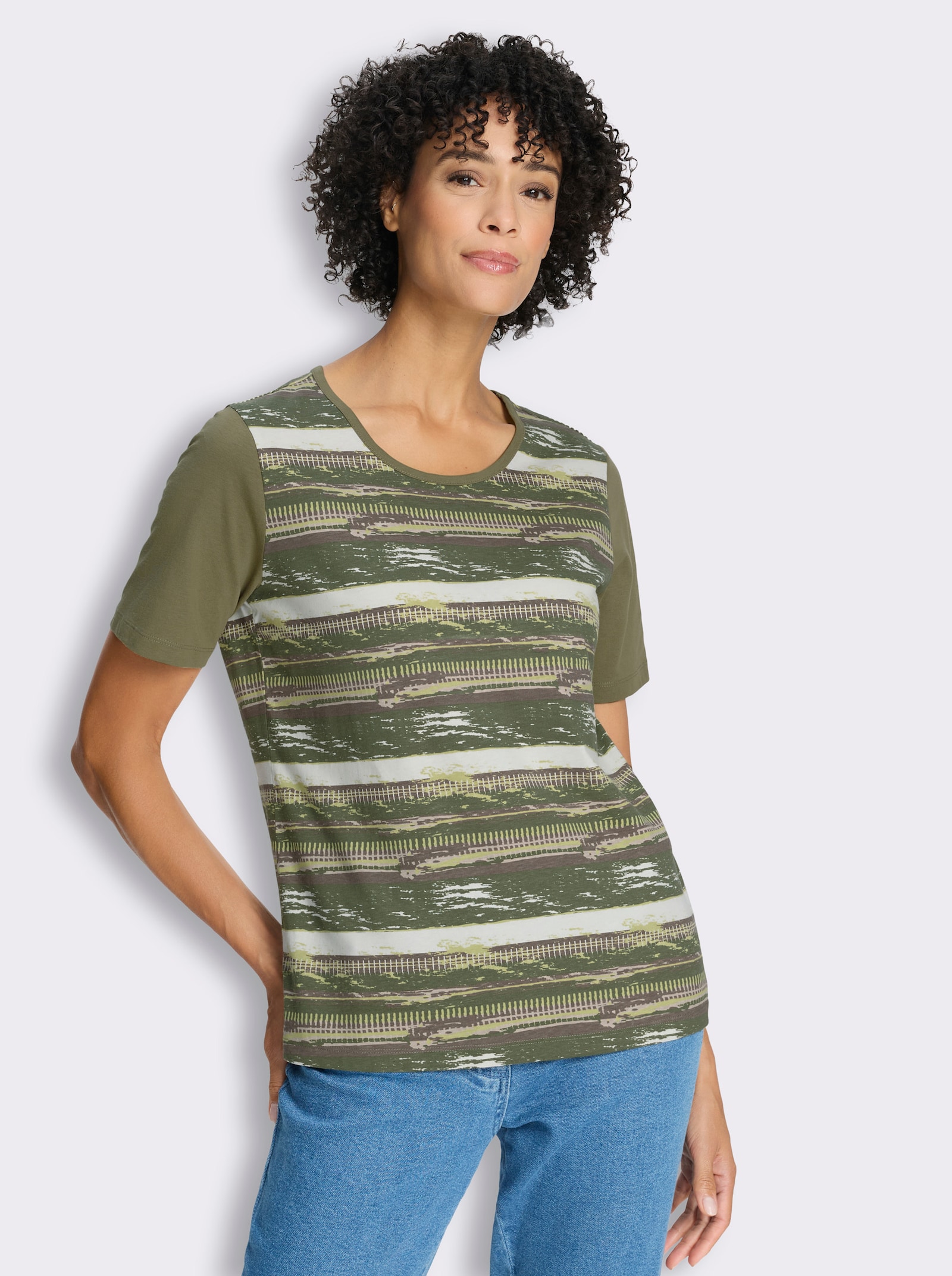 Kurzarmshirt im modischen Streifenmuster - khaki-bedruckt