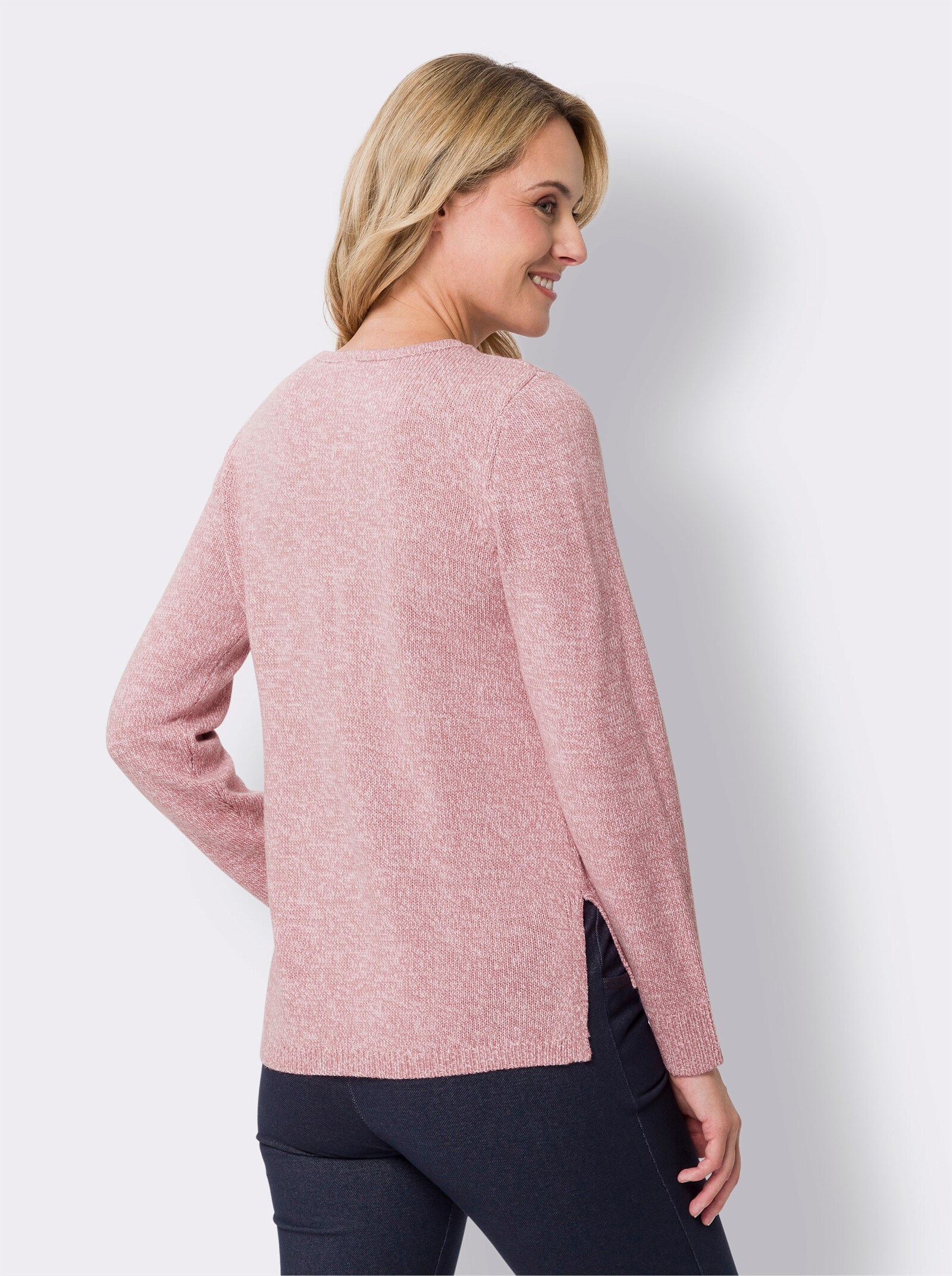 Langarm-Pullover mit Seitenschlitzen - altrosa-meliert