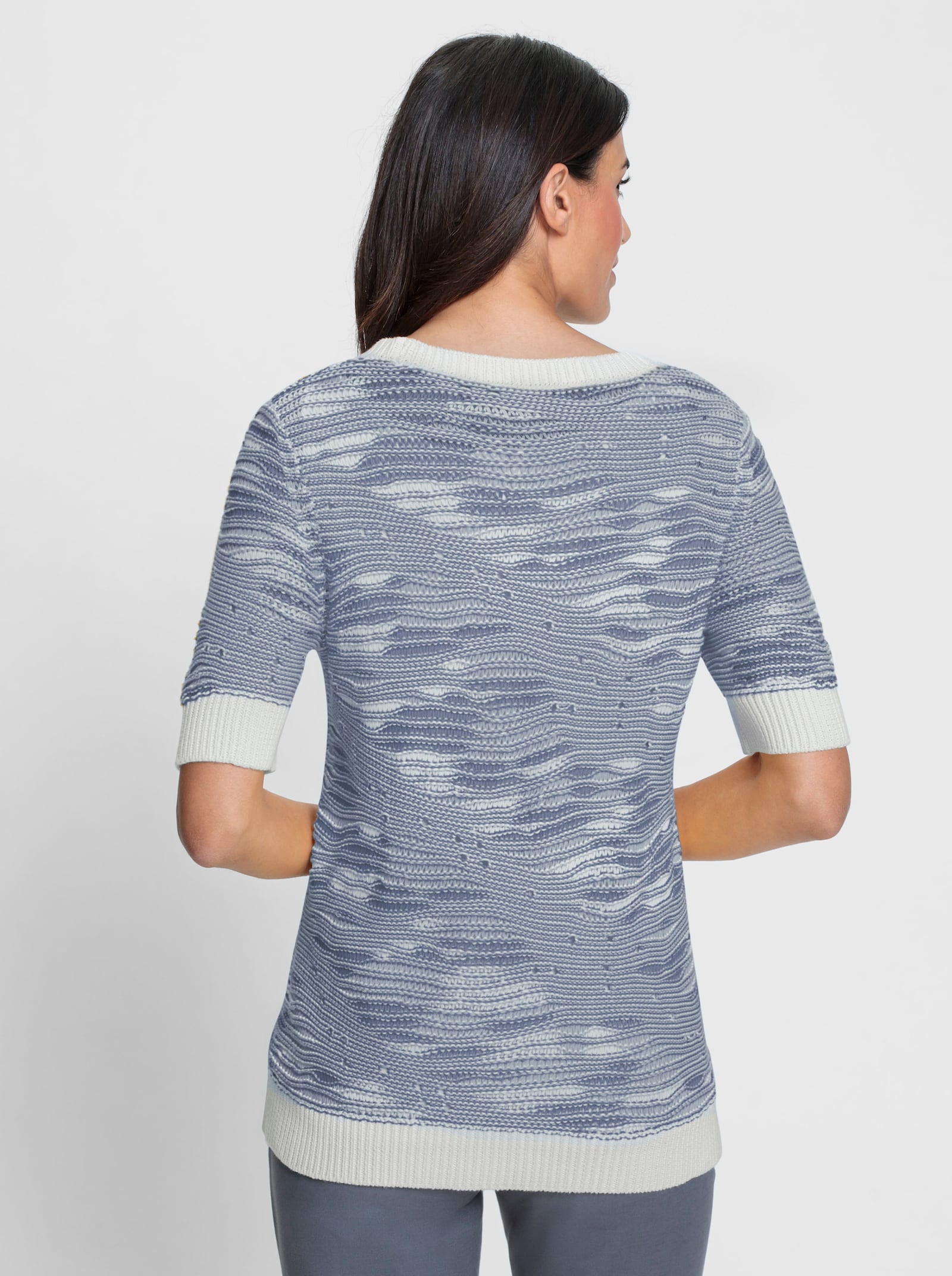 Kurzarmpullover in Jacquard-Strick - taubenblau-weiß-gemustert