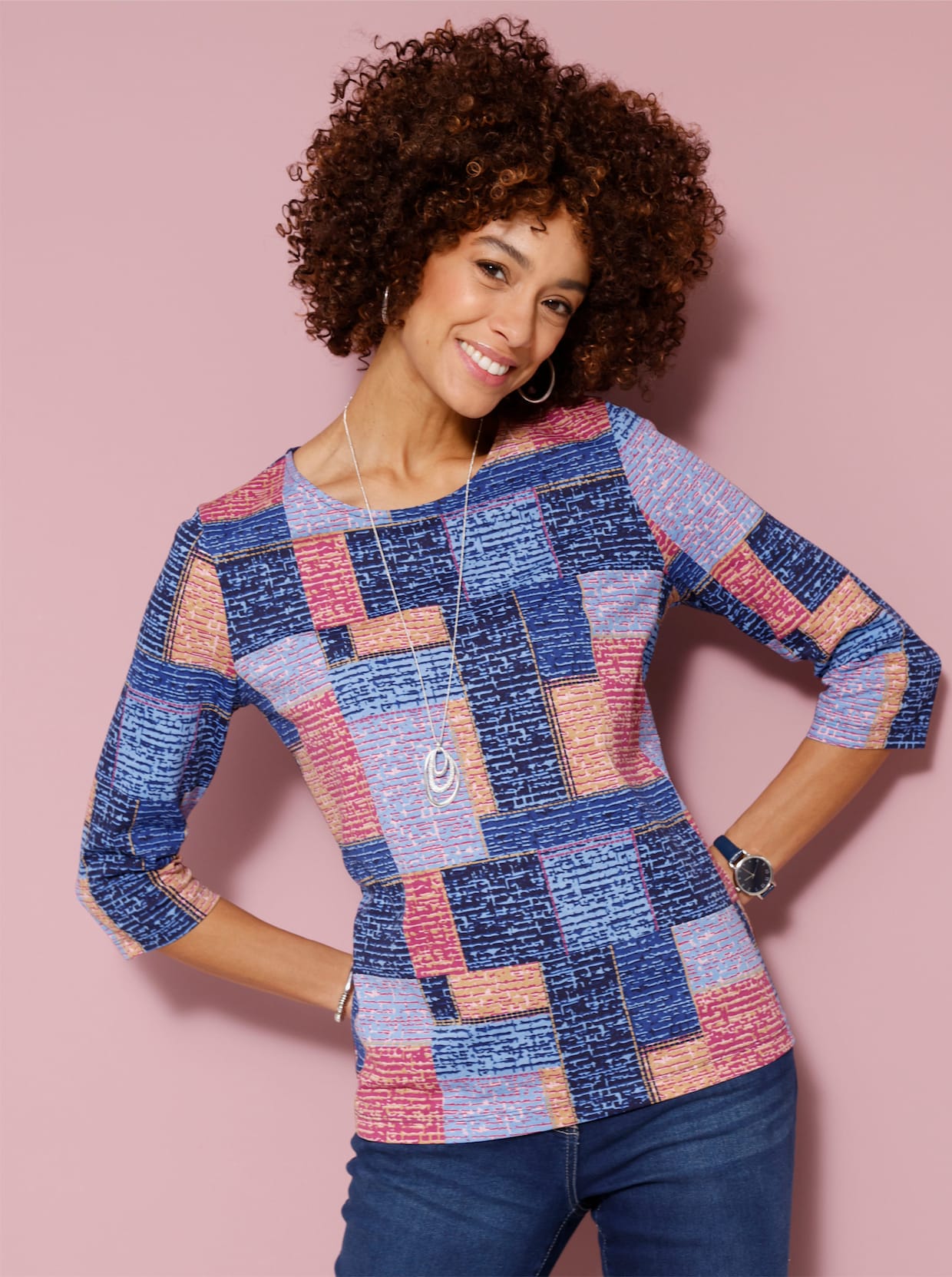 Shirt met 3/4-mouw - koningsblauw/heide bedrukt