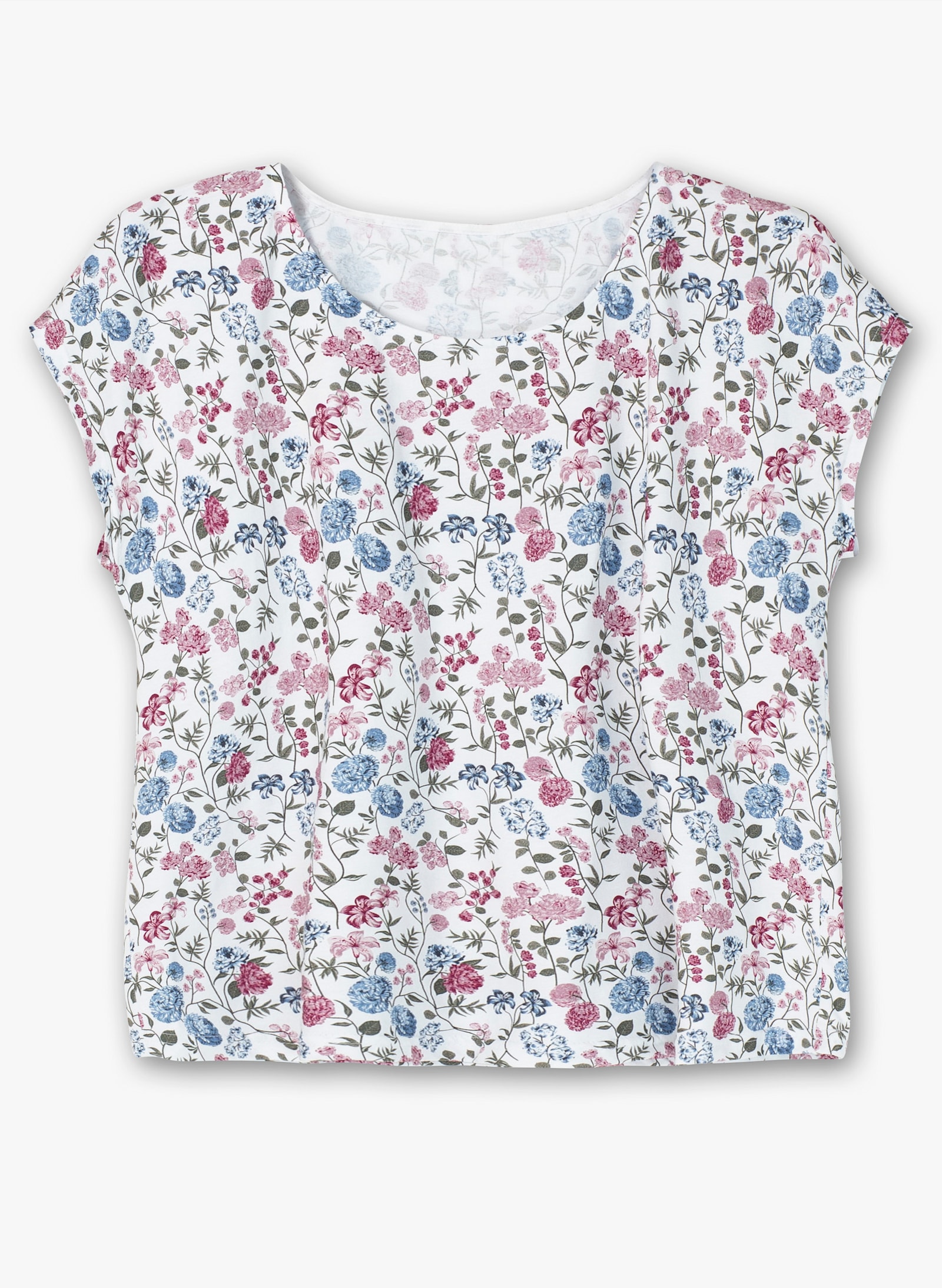 Kurzarmshirt mit überschnittenen Schultern - weiß-bedruckt