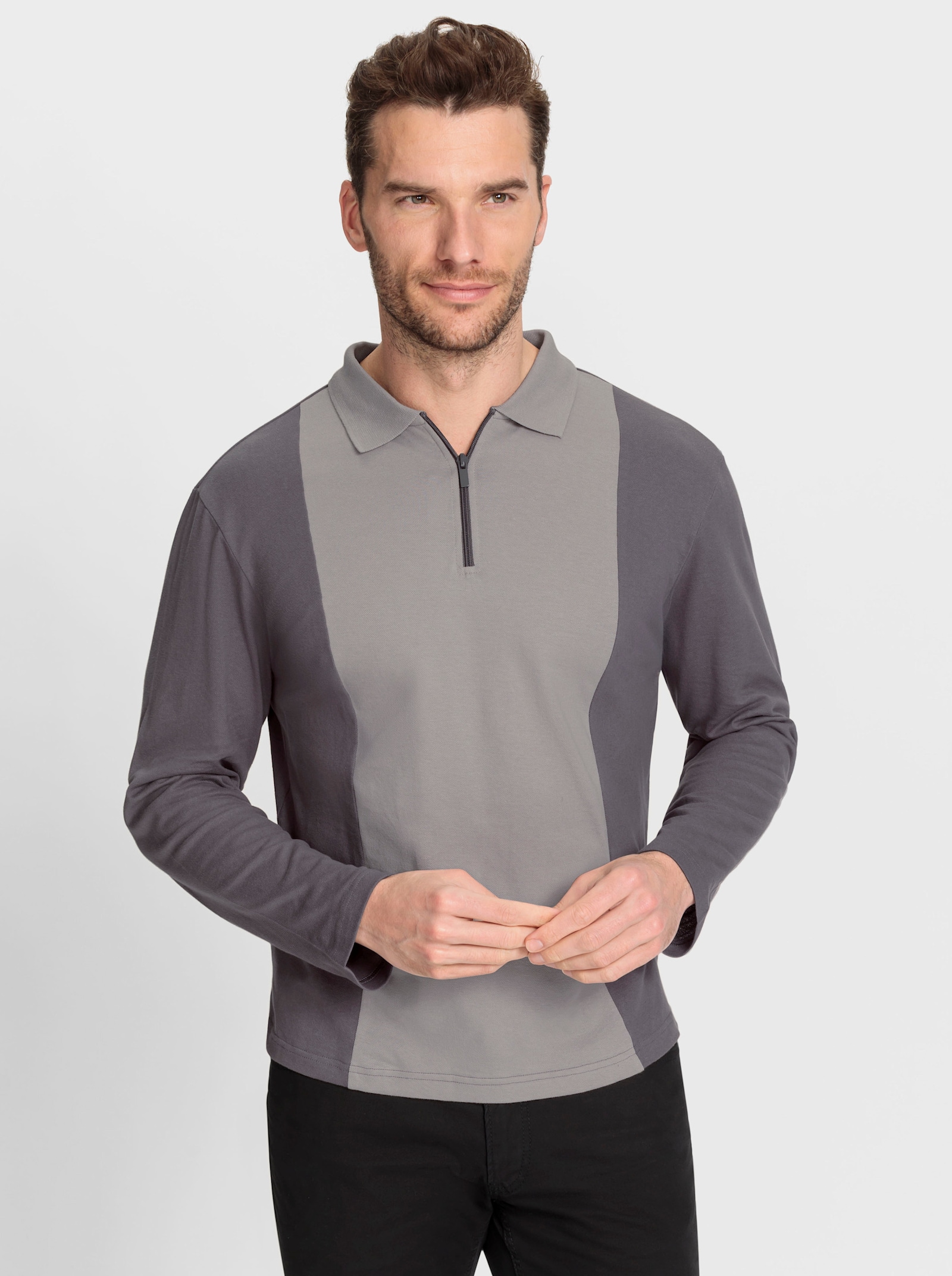 Catamaran Langarmshirt in Pikee-Qualität - steingrau-anthrazit