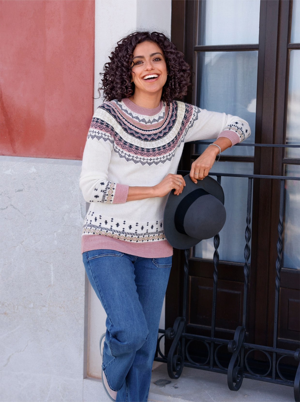 Norwegerpullover - ecru-mauve-gemustert