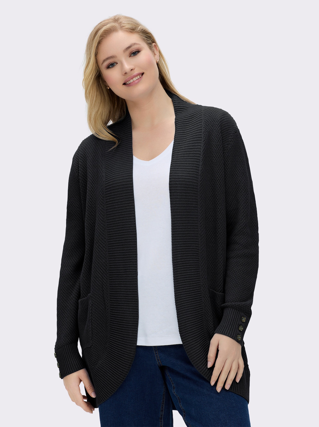 Longstrickjacke mit Struktur-Muster - schwarz