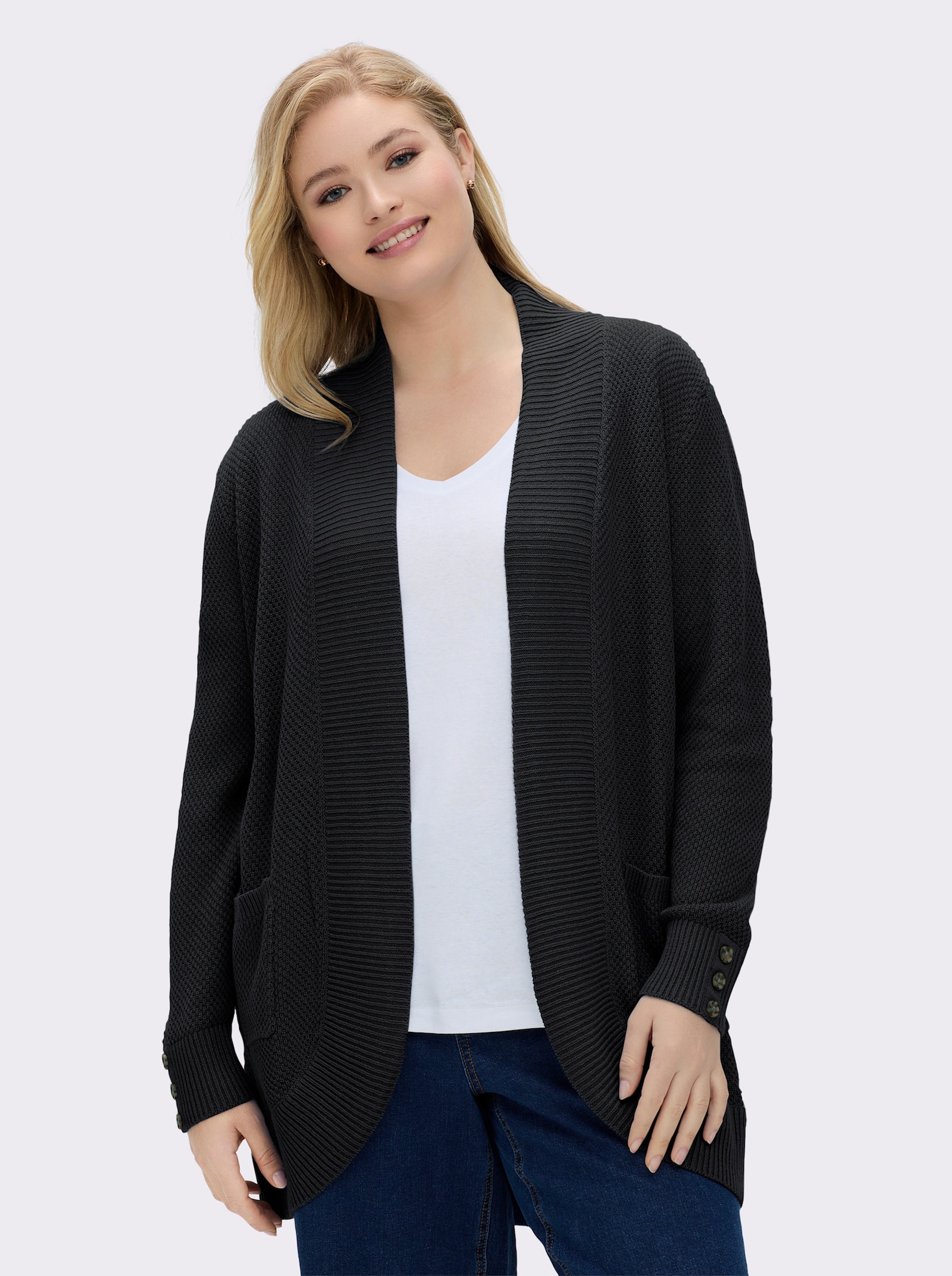 Longstrickjacke mit Struktur-Muster - schwarz