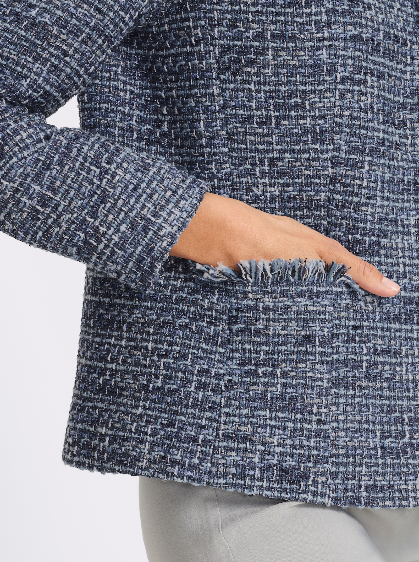 Bouclé-Blazer mit Fransenkante - marine-eisblau-meliert