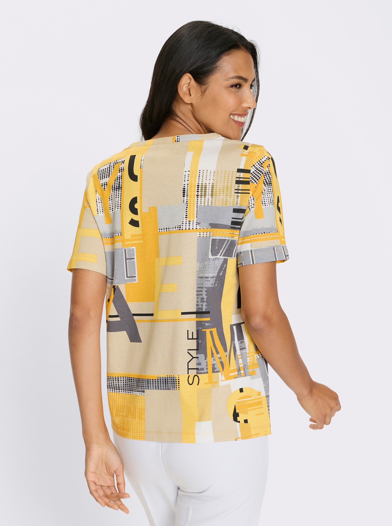 Kurzarmshirt mit kurzer Knopfleiste - ocker-sand-bedruckt