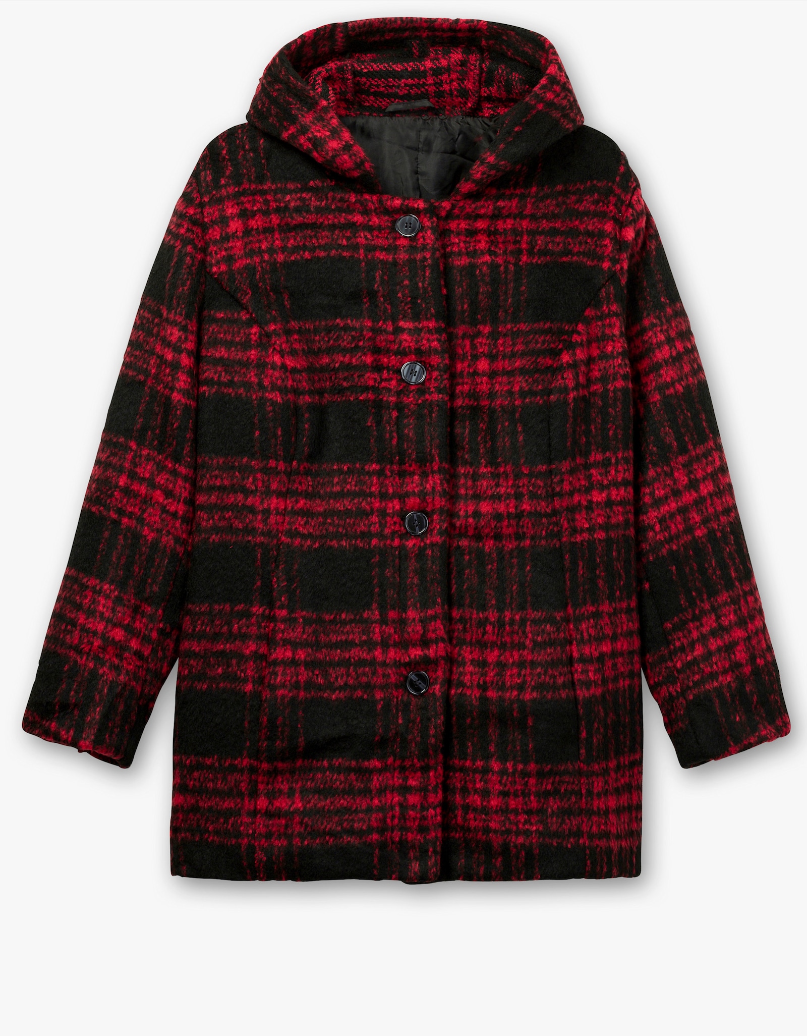 Outdoorjacke in schmeichelnder Longform - schwarz-rot-kariert