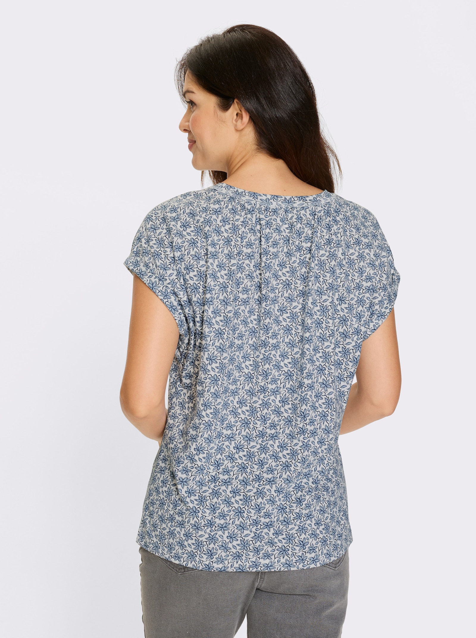 Kurzarmshirt mit Raffung am Ausschnitt - weiß-bleu-bedruckt