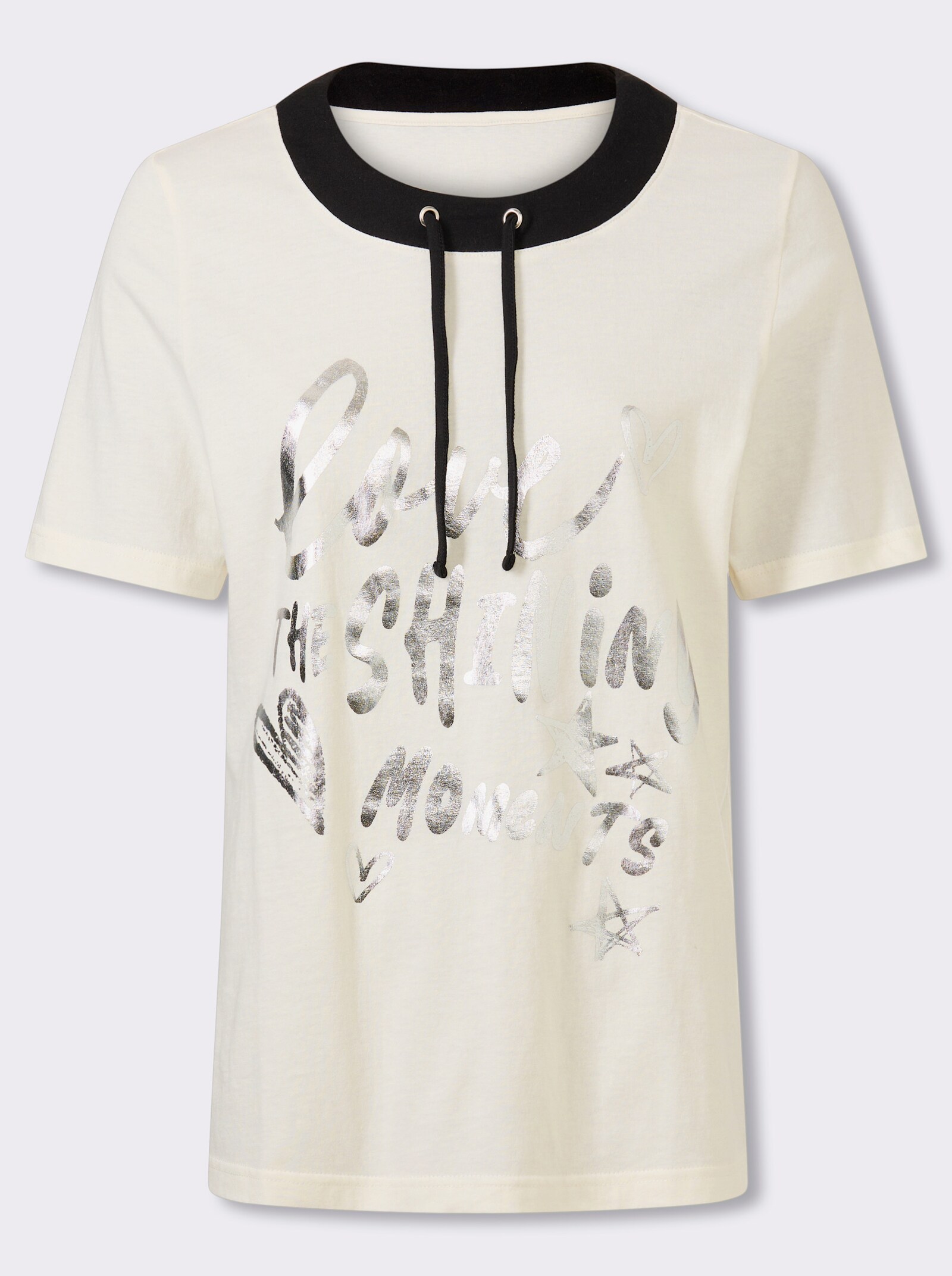 Kurzarmshirt mit Foliendruck - ecru-schwarz