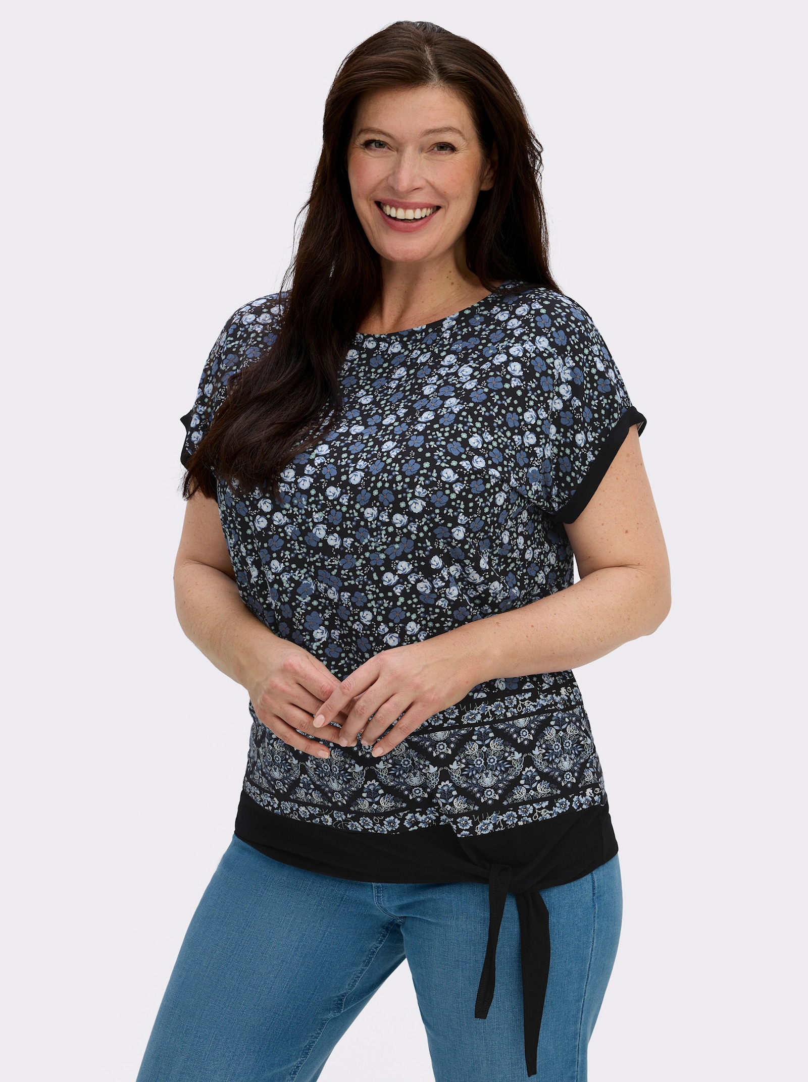 Kurzarmshirt mit Bindeband am Saum - jeansblau-schwarz-bedruckt