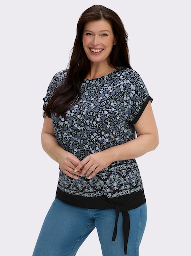 Kurzarmshirt mit Bindeband am Saum - jeansblau-schwarz-bedruckt