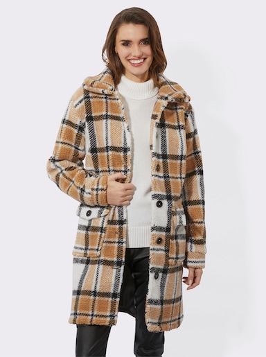 Kurzmantel aus kariertem Teddy-Fleece - ecru-schwarz-kariert