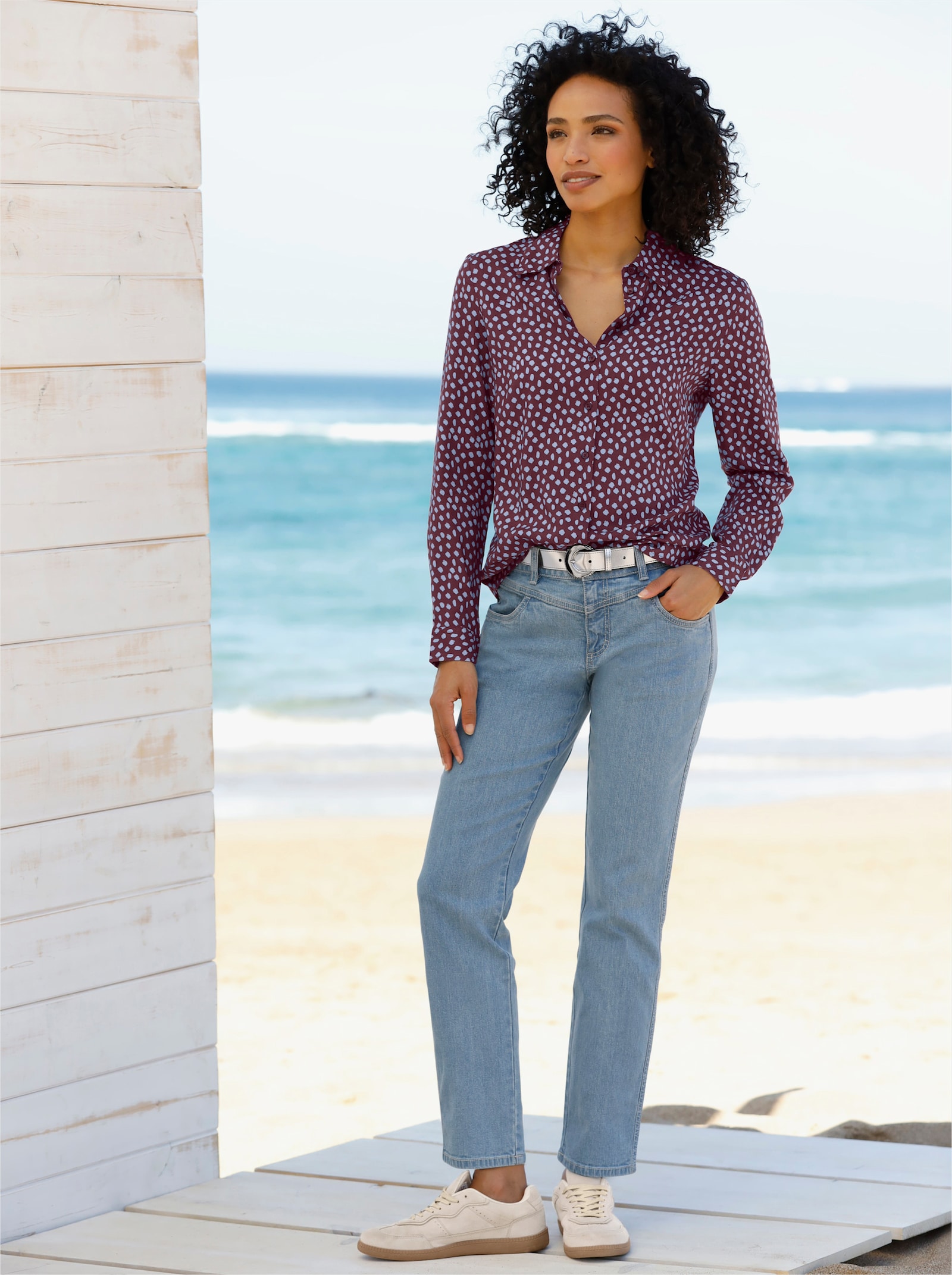 heine Hemdbluse mit Tupfenmuster - burgund-bleu-bedruckt