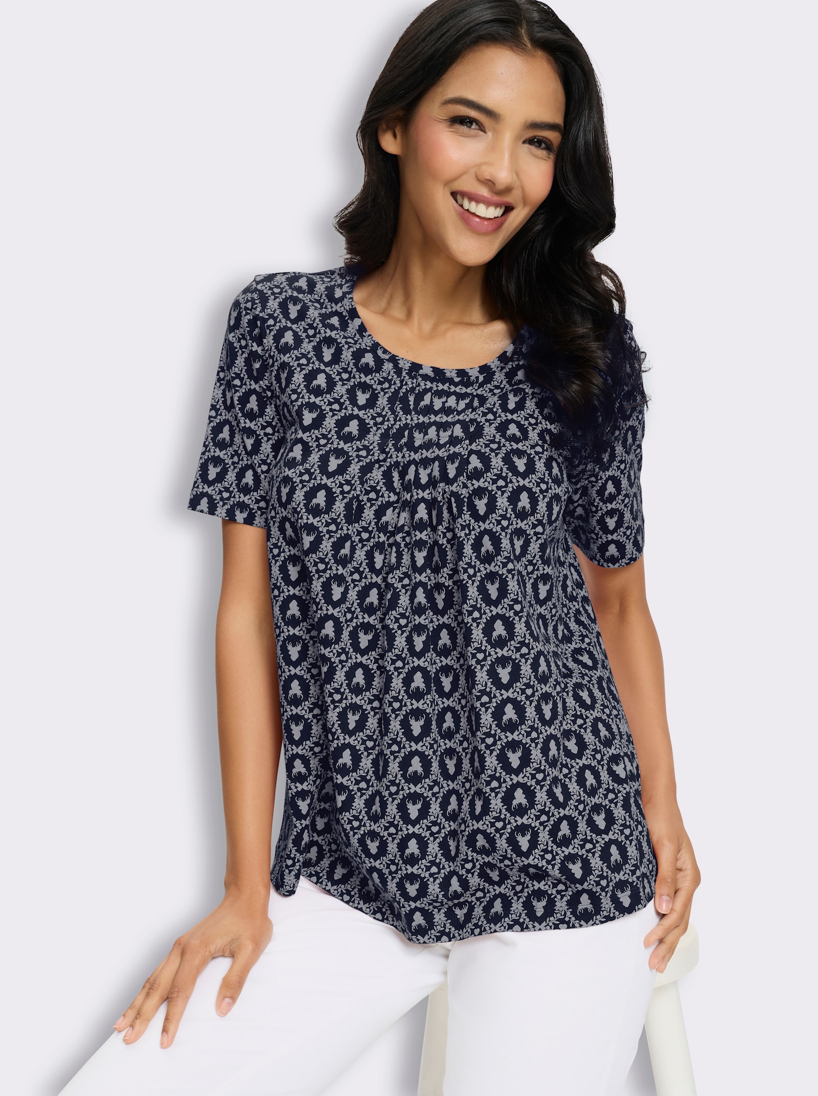 Kurzarmshirt mit Trachten-Print - marine-hellblau-bedruckt