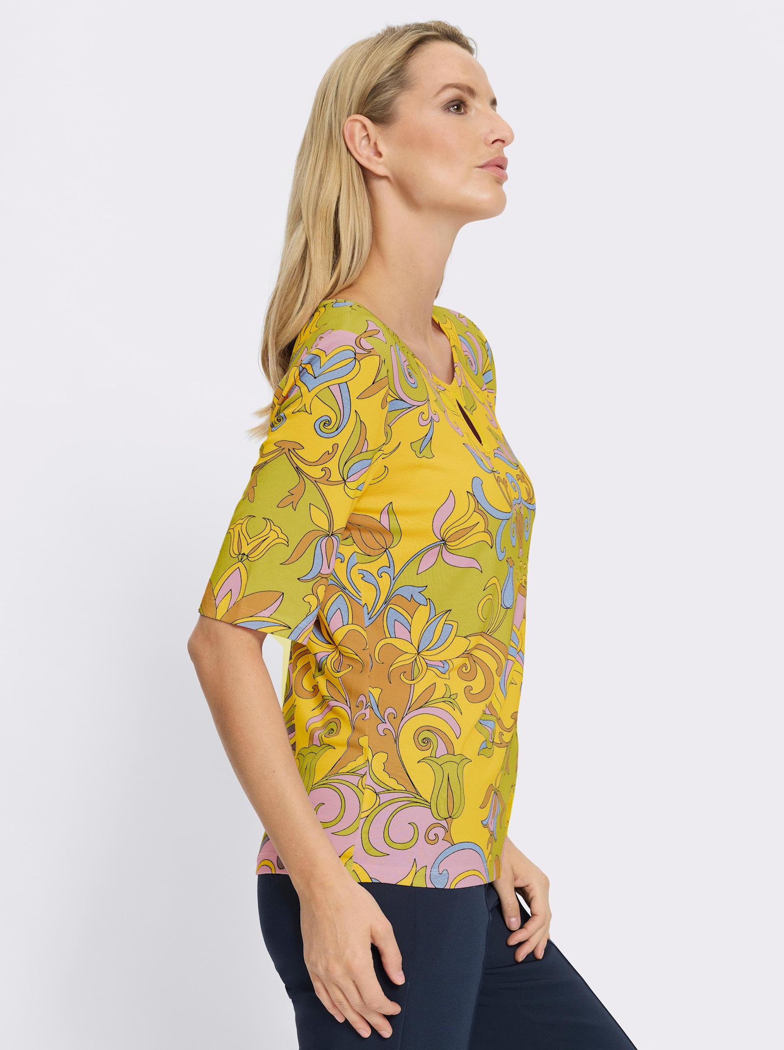 heine Kurzarmshirt mit Cut-outs - sonnengelb-limone-bedruckt