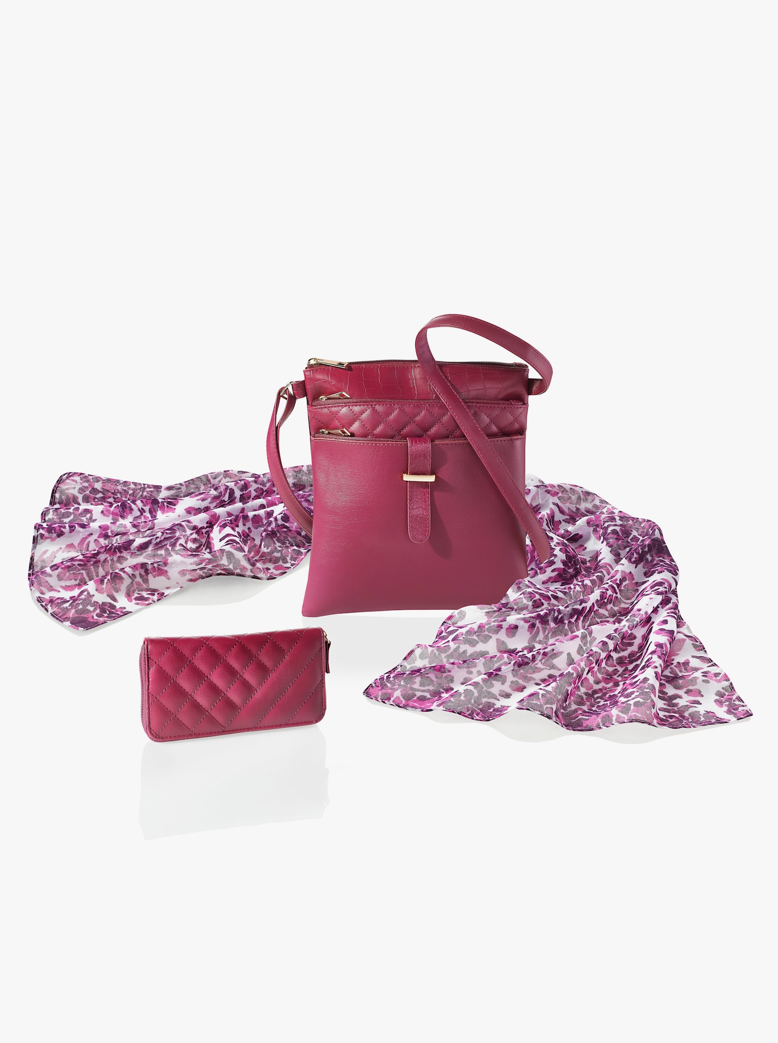 Kabelka, šála a peněženka - bordó-vzor