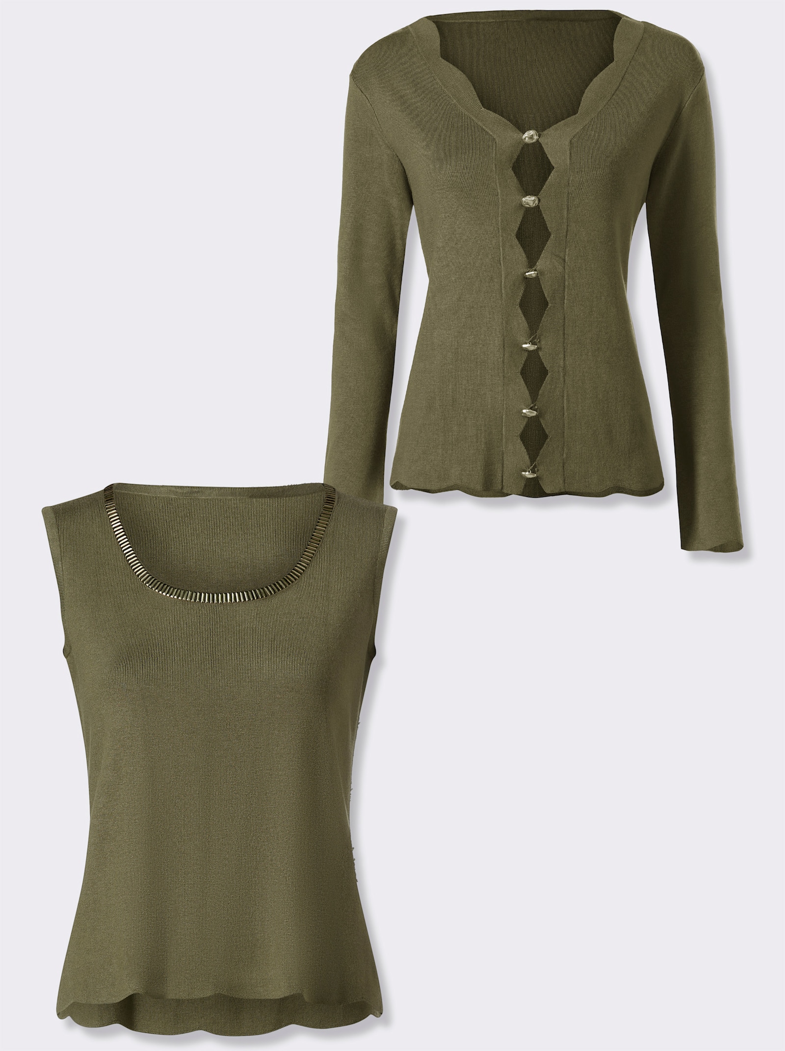 heine Twin-Set mit Wellenkanten - oliv